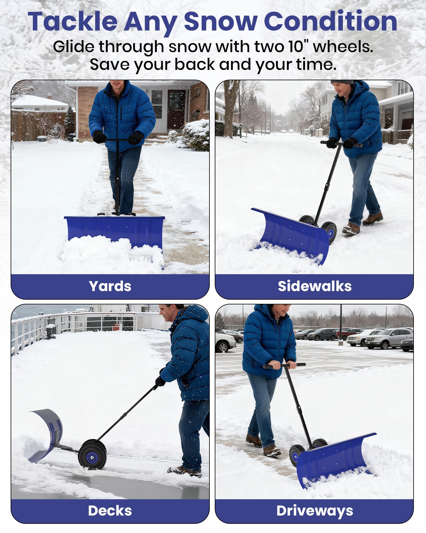 Pala da neve Garvee con ruote, lama in acciaio da 36", regolabile in 5 posizioni, impugnatura ergonomica, base in plastica, ruote in gomma da 9,3" per vialetti