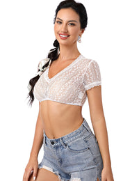 Camicetta Dirndl Garvee da donna, pizzo bianco, scollo a V, manica corta, per l'Oktoberfest, bianco-B 40