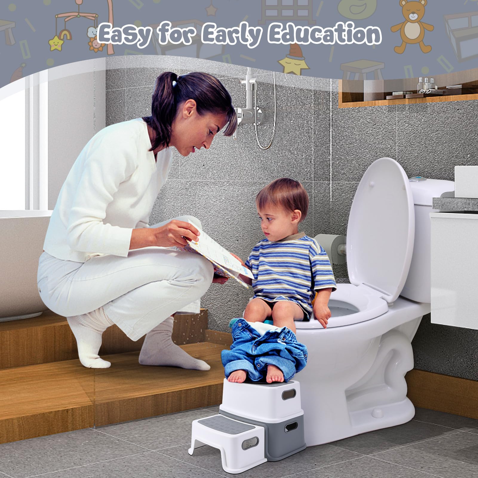 Sgabello per bambini Garvee, 2 gradini, antiscivolo, sicuro, senza BPA, leggero, portatile, per bagno, cucina, allenamento, 115 kg