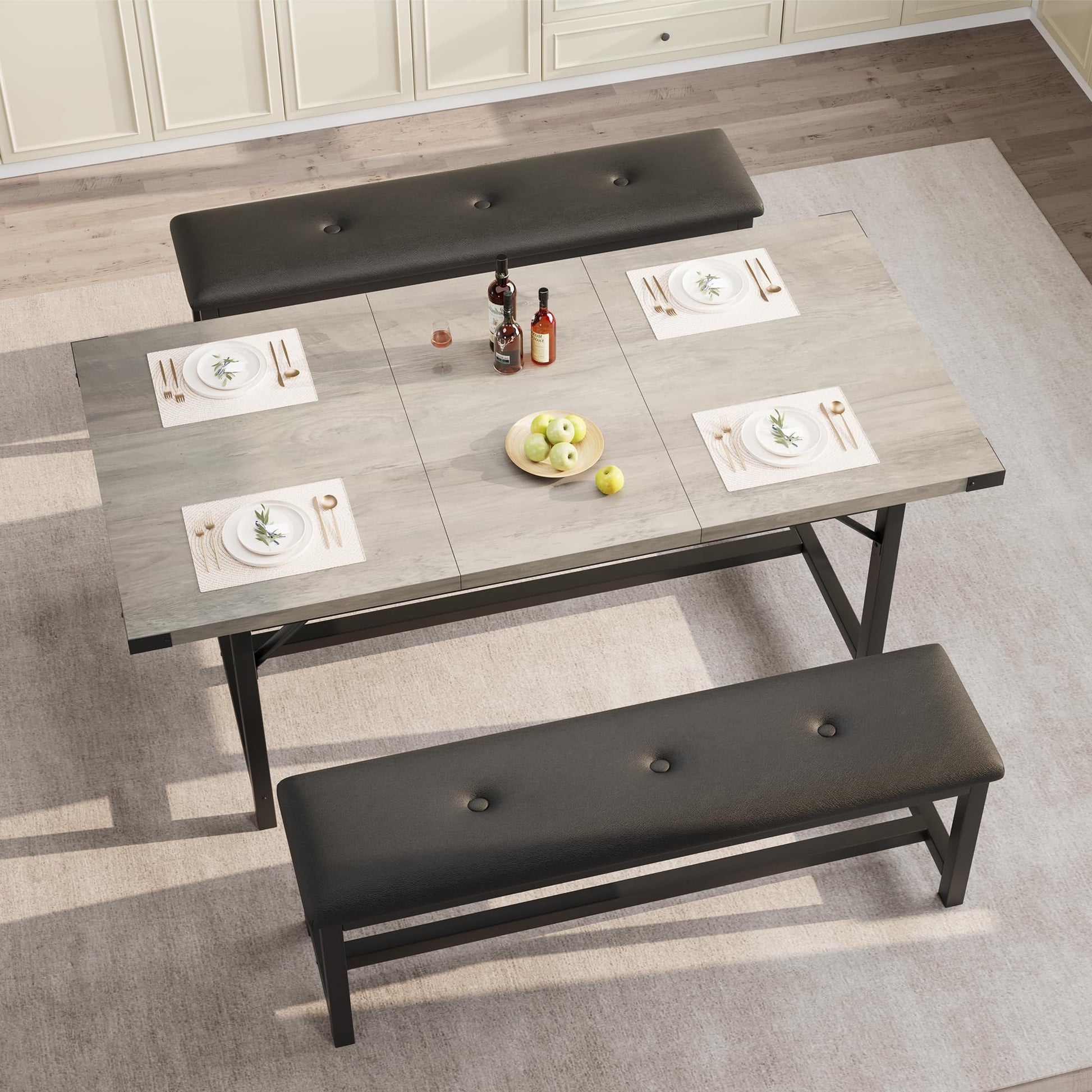 Tavolo da pranzo estensibile Garvee da 63" per 4-8 persone, grigio retrò, 3 pezzi, MDF e metallo, salvaspazio per appartamenti