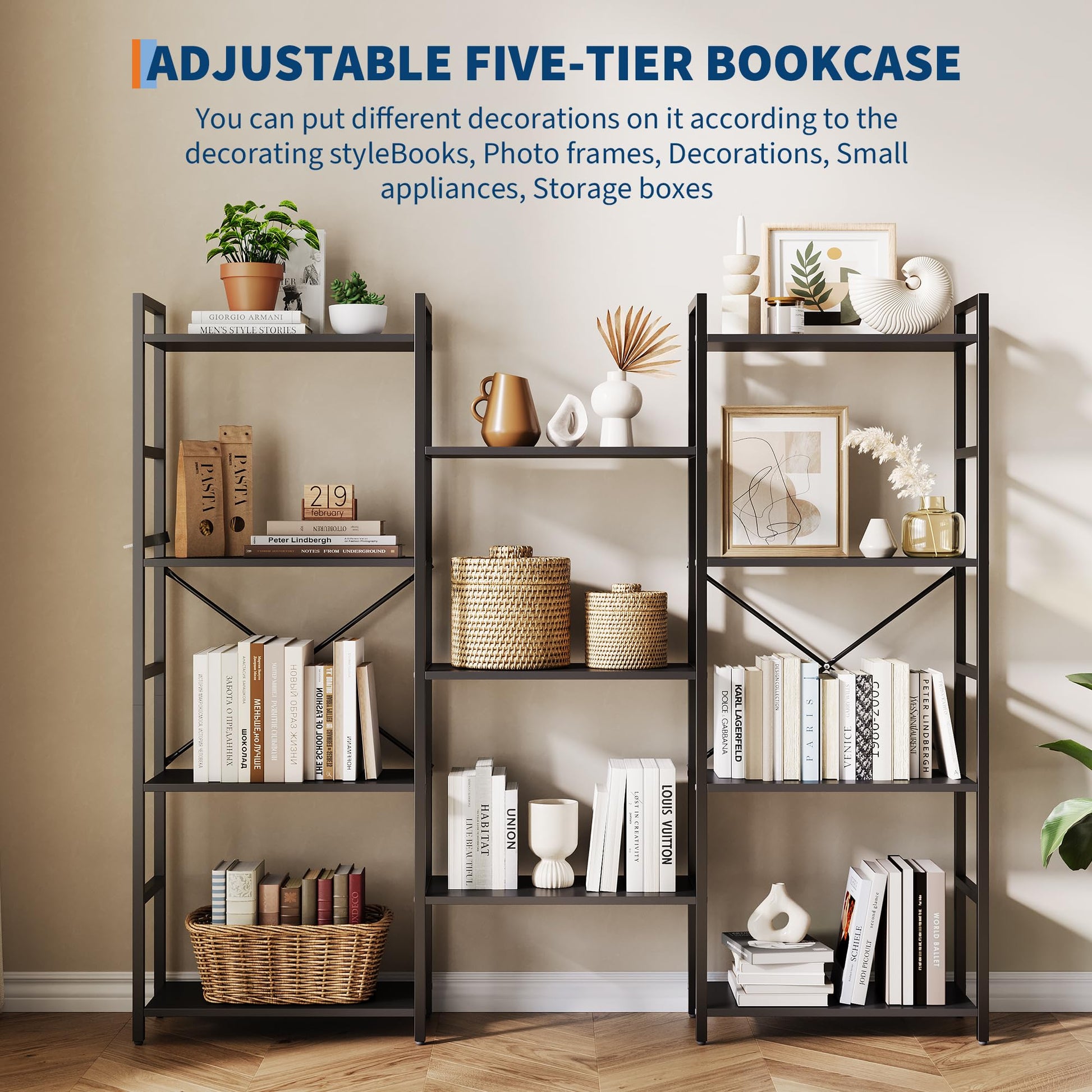 Libreria Garvee Industrial a 4 ripiani con struttura in metallo, 11 ripiani aperti, robusta, nera per soggiorno e ufficio