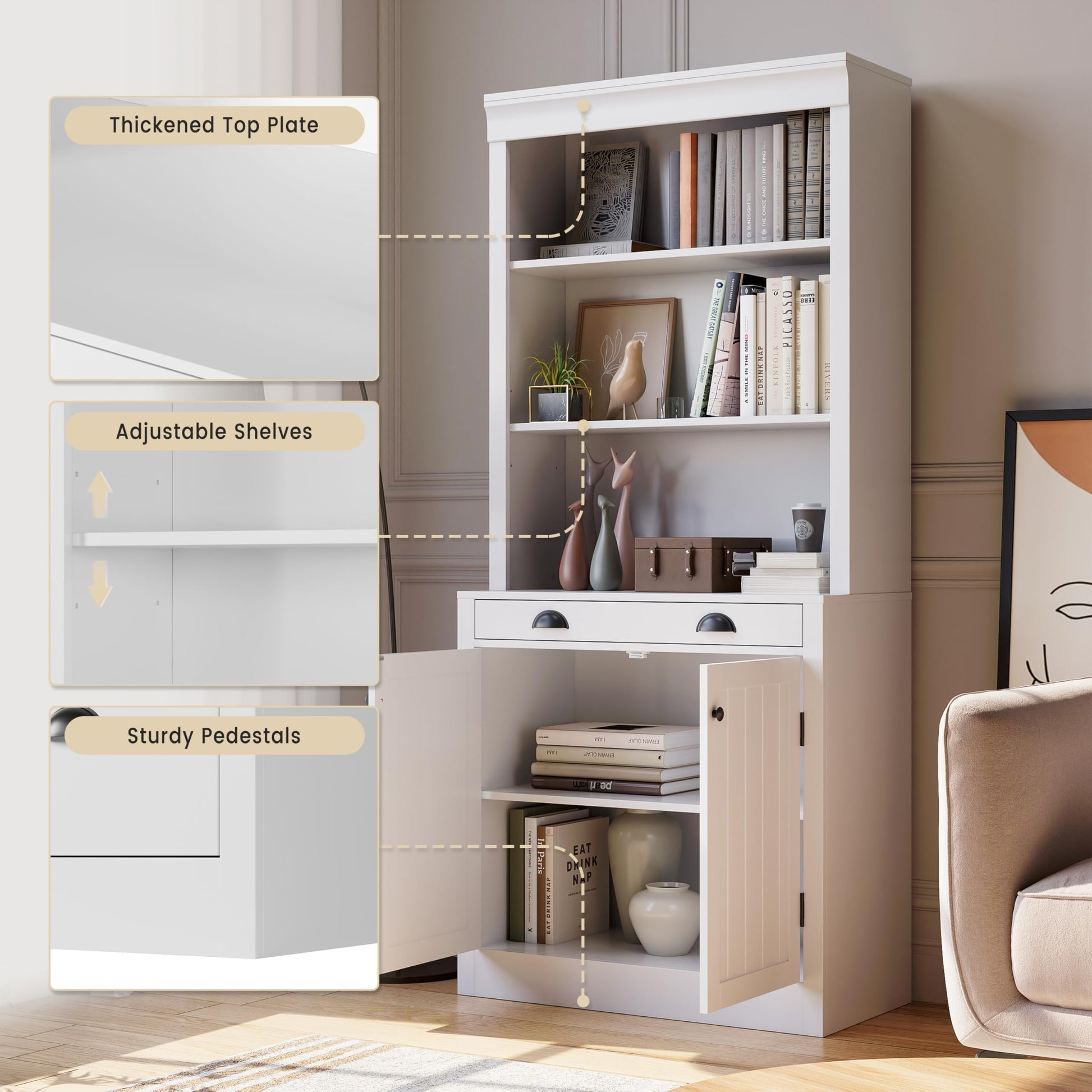 Libreria Garvee alta 71" con cassetto, 5 ripiani, ripiani regolabili, legno, ante a persiana, bianca per soggiorno e ufficio, robusta e versatile