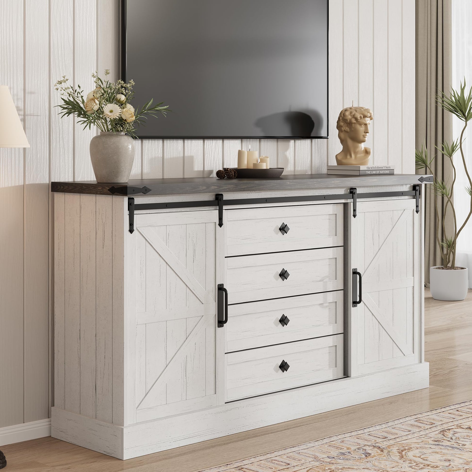 Mobile porta TV Garvee con 4 cassetti, ante scorrevoli, stile rustico, 65 pollici, bianco per camera da letto e soggiorno