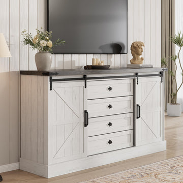Mobile porta TV Garvee con 4 cassetti, ante scorrevoli, stile rustico, 65 pollici, bianco per camera da letto e soggiorno