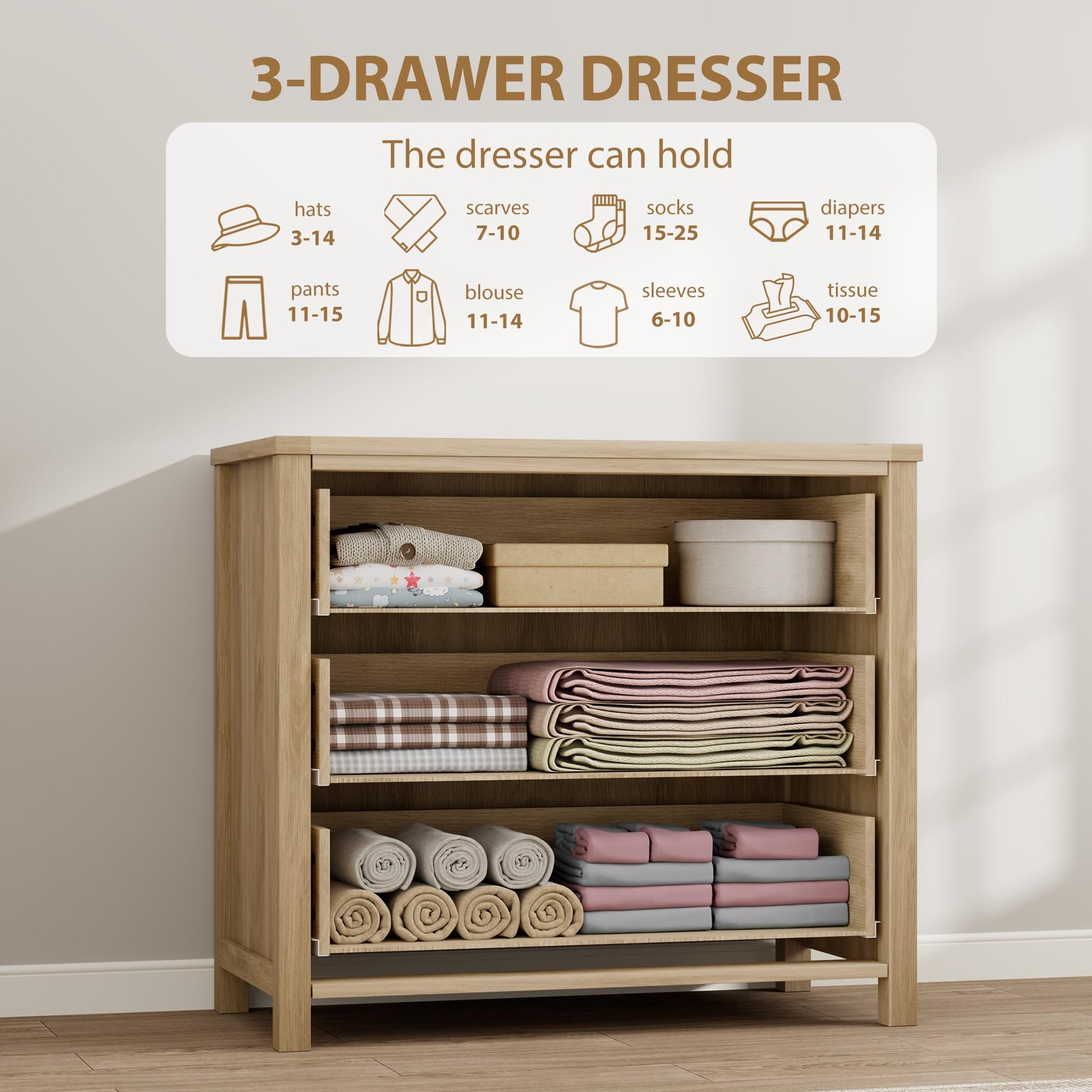 Cassettiera in rattan Garvee da 29" in legno per camera da letto, 3 cassetti, robusta, molto spaziosa, soggiorno, cameretta dei bambini
