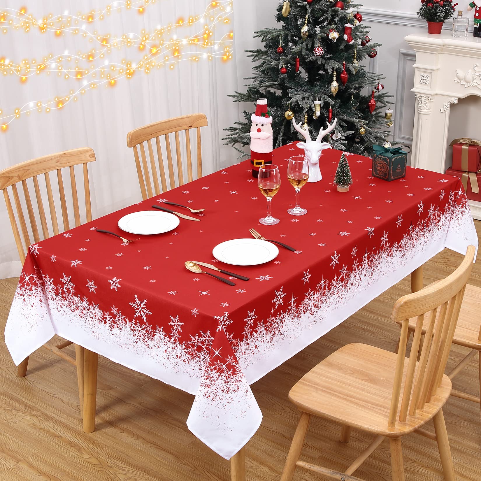 Tovaglia natalizia impermeabile Garvee con motivo a fiocchi di neve, rettangolare, 137 x 180 cm, rossa, per la decorazione della cucina e della sala da pranzo