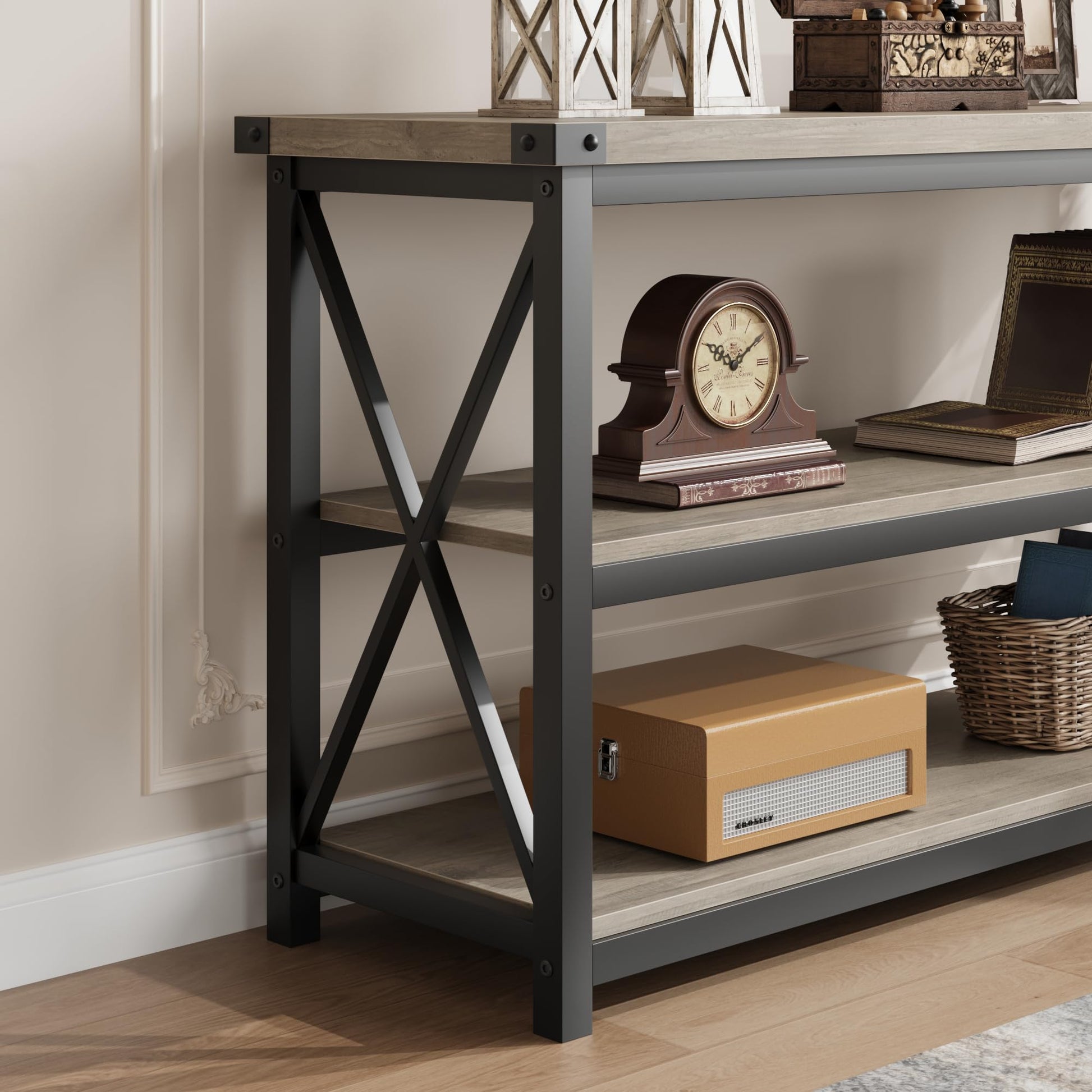 Tavolo consolle lungo industriale Garvee da 47" a 3 livelli con spazio di archiviazione per corridoio e soggiorno, marrone rustico