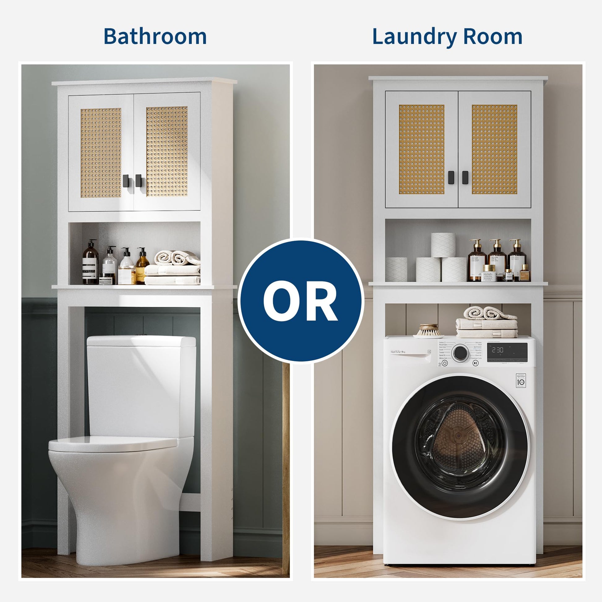 Mobiletto portaoggetti sopra il WC Garvee con ante in rattan, ripiano regolabile, legno, bianco, per bagno e lavanderia