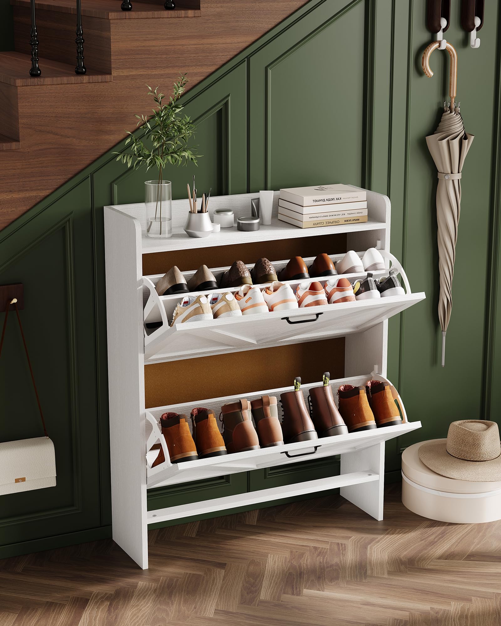 Garvee Scarpiera con 2 cassetti pieghevoli, scarpiera rustica per corridoio e ingresso, bianca, salvaspazio