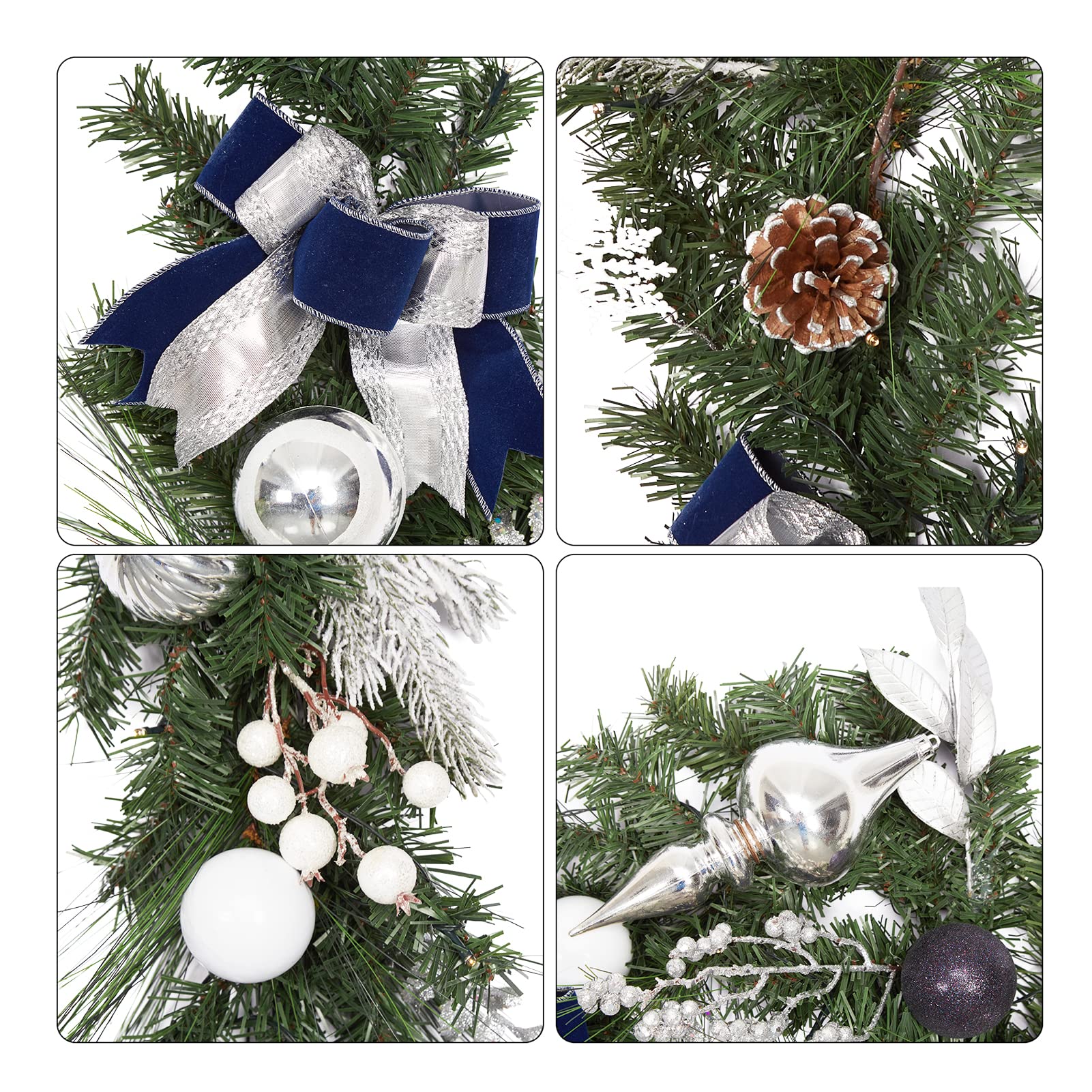 Ghirlanda natalizia a LED Garvee da 6 piedi con pigne, nastri blue e argento, per interni ed esterni, 20 luci a LED, ecologica