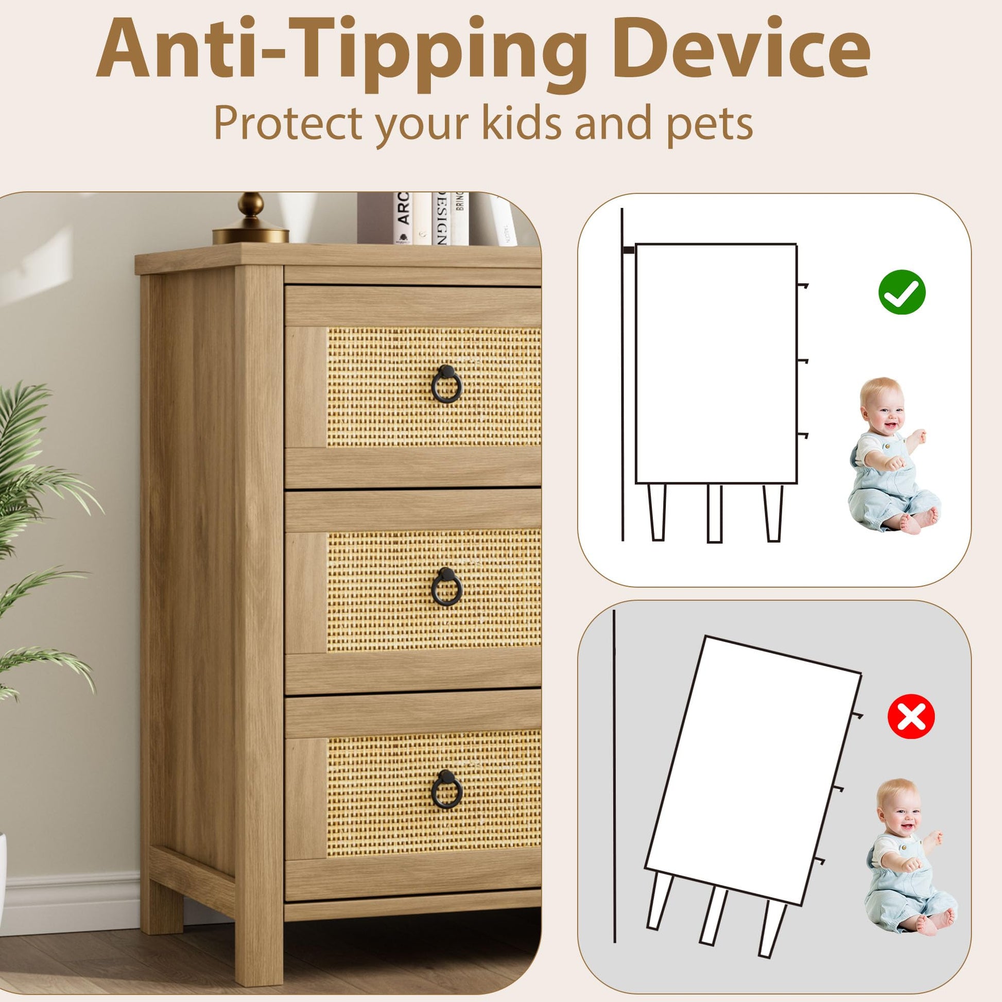 Cassettiera in rattan Garvee da 29" in legno per camera da letto, 3 cassetti, robusta, molto spaziosa, soggiorno, cameretta dei bambini