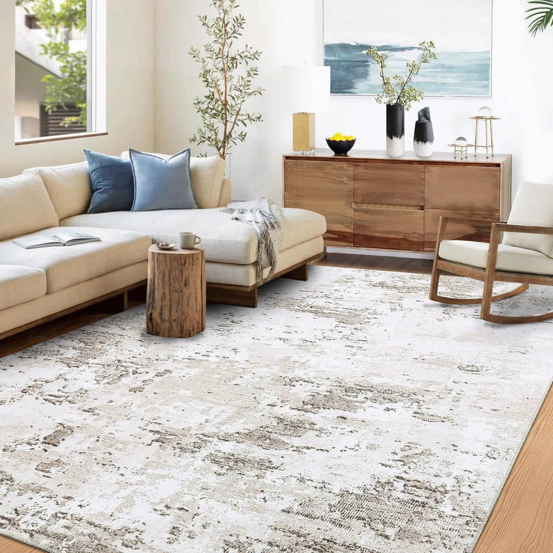 Tappeto moderno astratto Garvee 200x290cm, lavabile, beige, a pelo corto, per soggiorno, camera da letto, ufficio