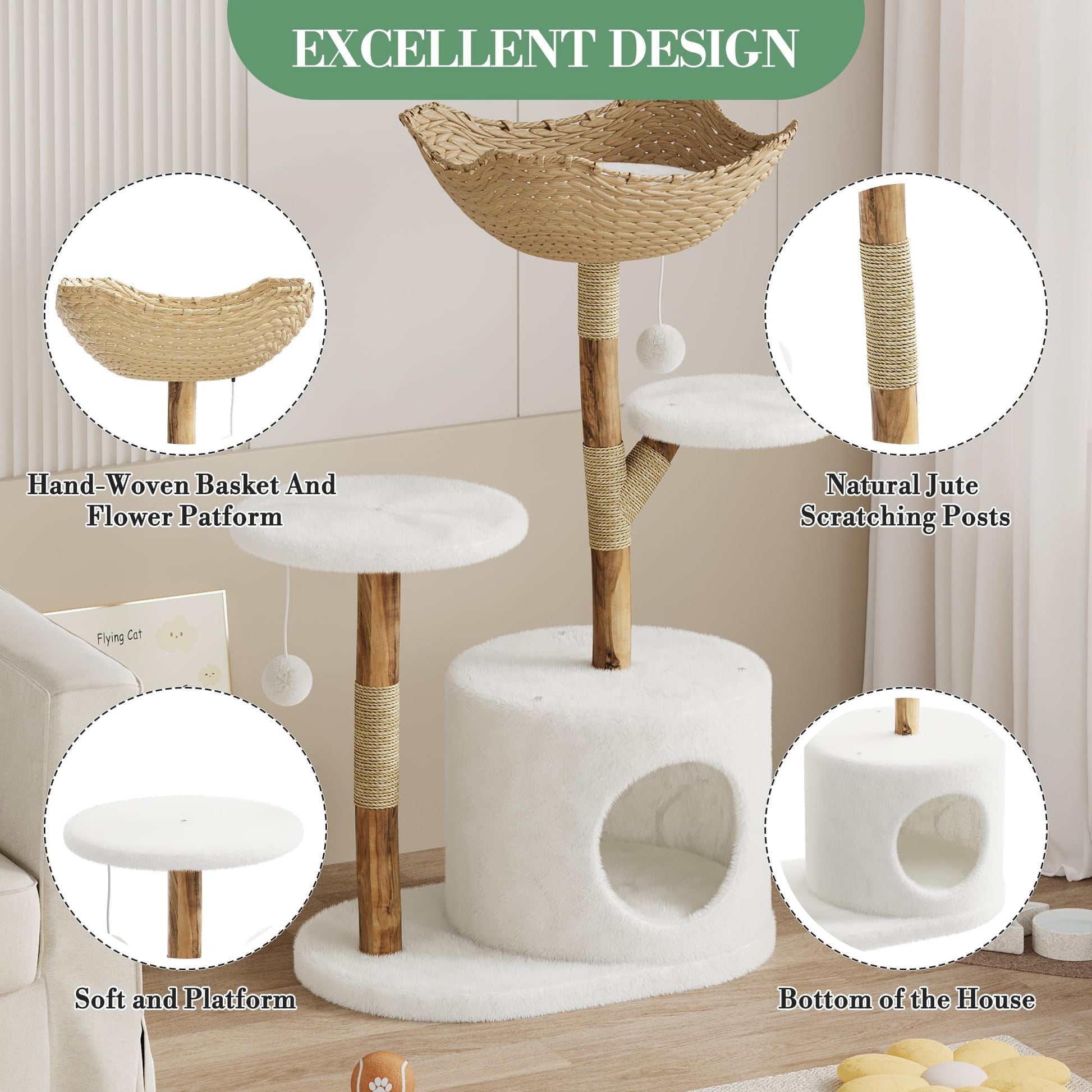 Tiragraffi in legno naturale Garvee da 43'' con cesto in rattan per soggiorno, stabile per gatti di grandi dimensioni, design moderno, morbido peluche