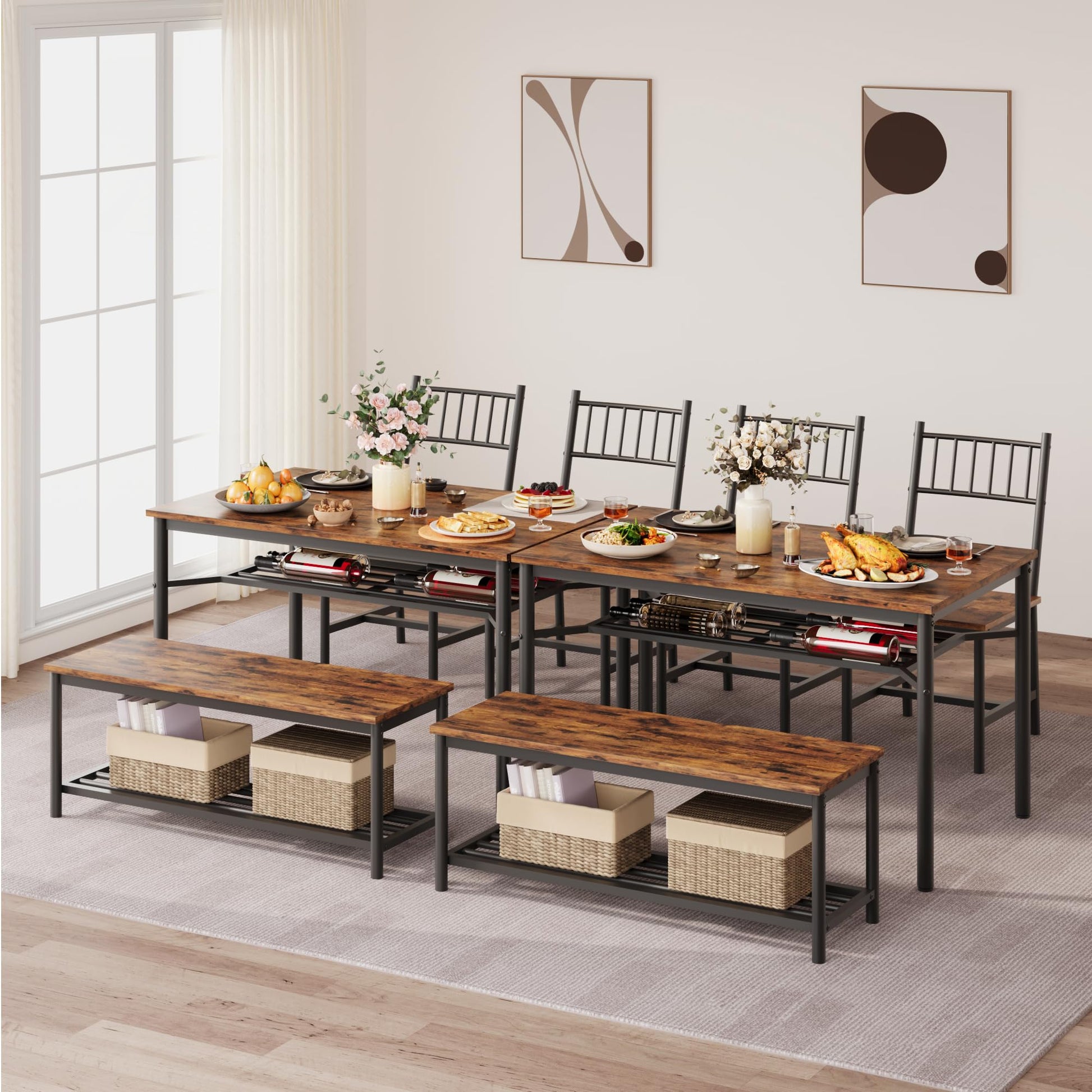 Set da pranzo Garvee per 4 persone con portabottiglie, tavolo rettangolare marrone retrò, MDF e acciaio, salvaspazio, ideale per appartamenti