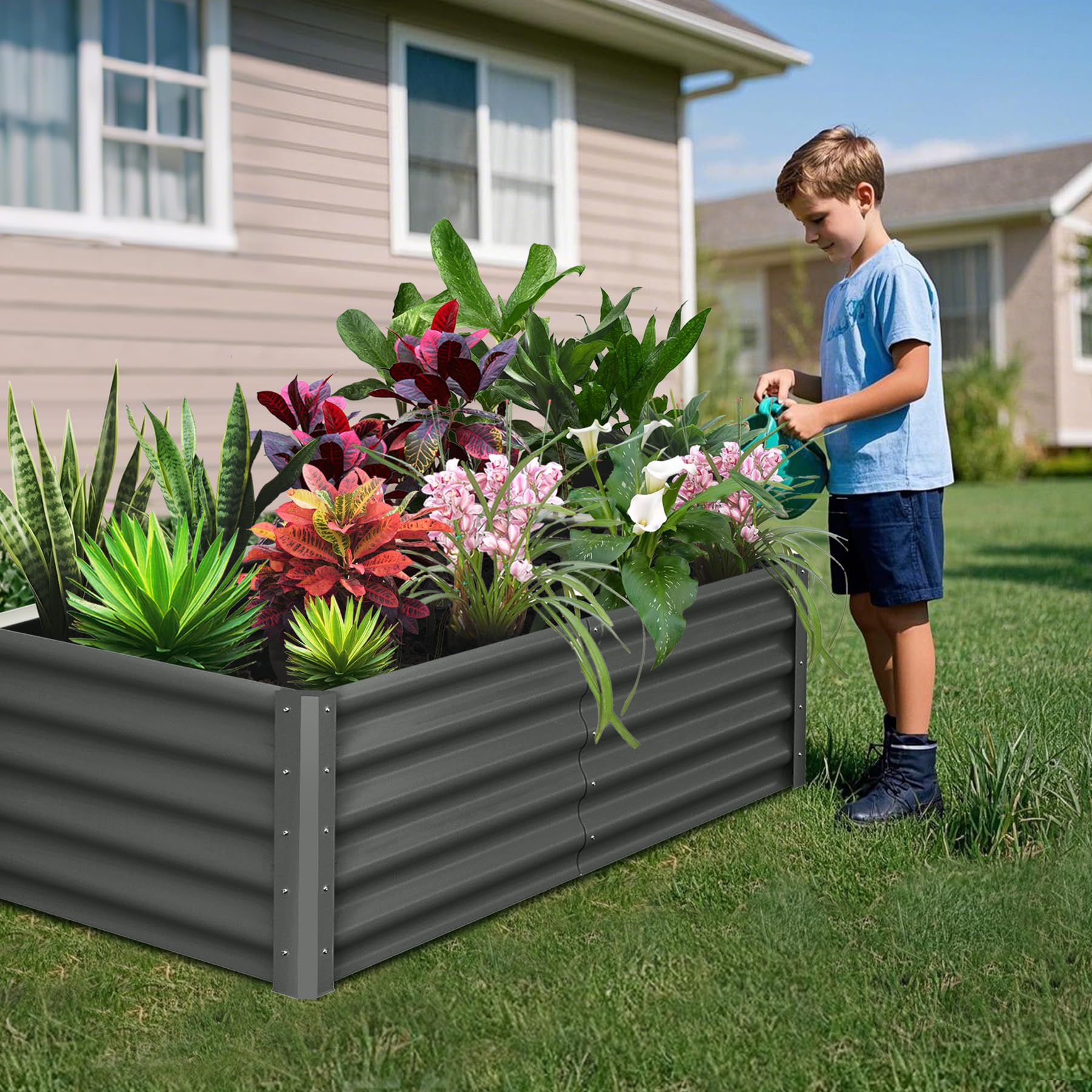 Aiuola rialzata in acciaio zincato Garvee 6x3x1,5 piedi, fioriera da esterno, robusta struttura in acciaio, protezione dalla ruggine, angoli di sicurezza a fondo aperto