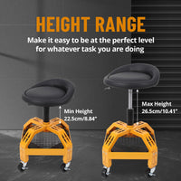 Sgabello da officina Garvee in metallo resistente con altezza regolabile, ruote girevoli a 360°, imbottitura in schiuma, struttura in acciaio per riparazione auto, nero