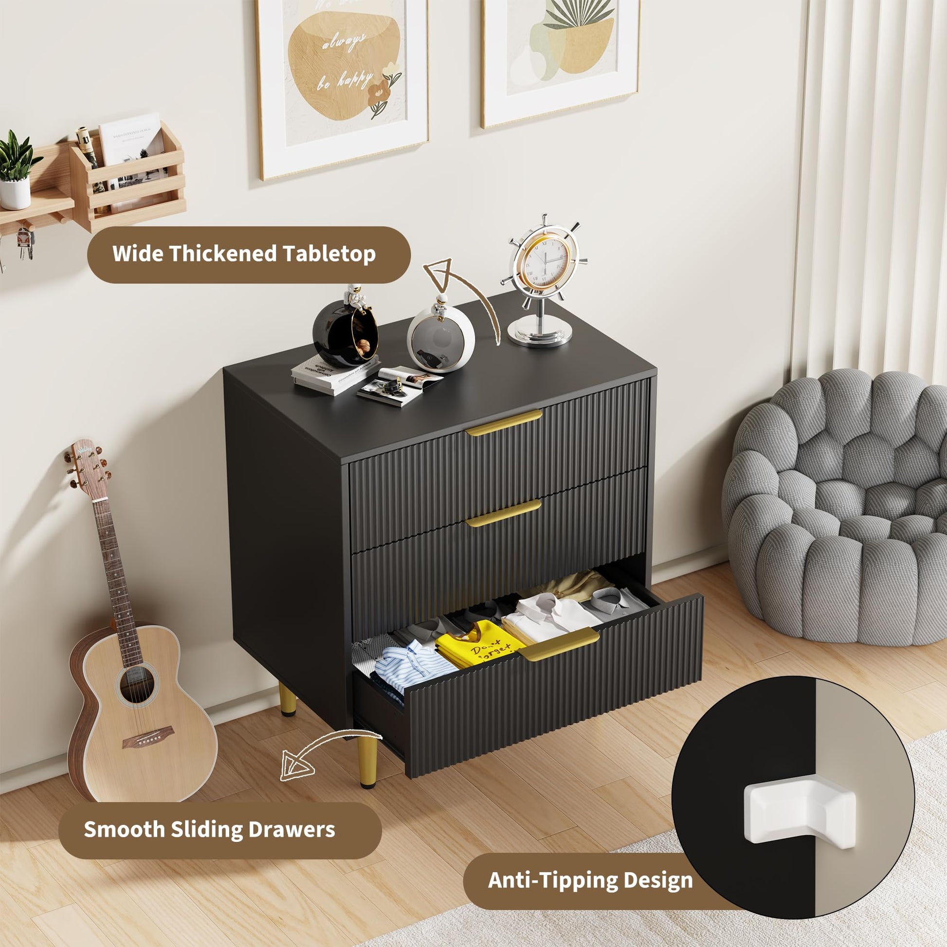 Cassettiera in legno Garvee Fluted Dresser con 3 cassetti, maniglie e piedini in metallo, nera, antigraffio, antiribaltamento per camera da letto e soggiorno