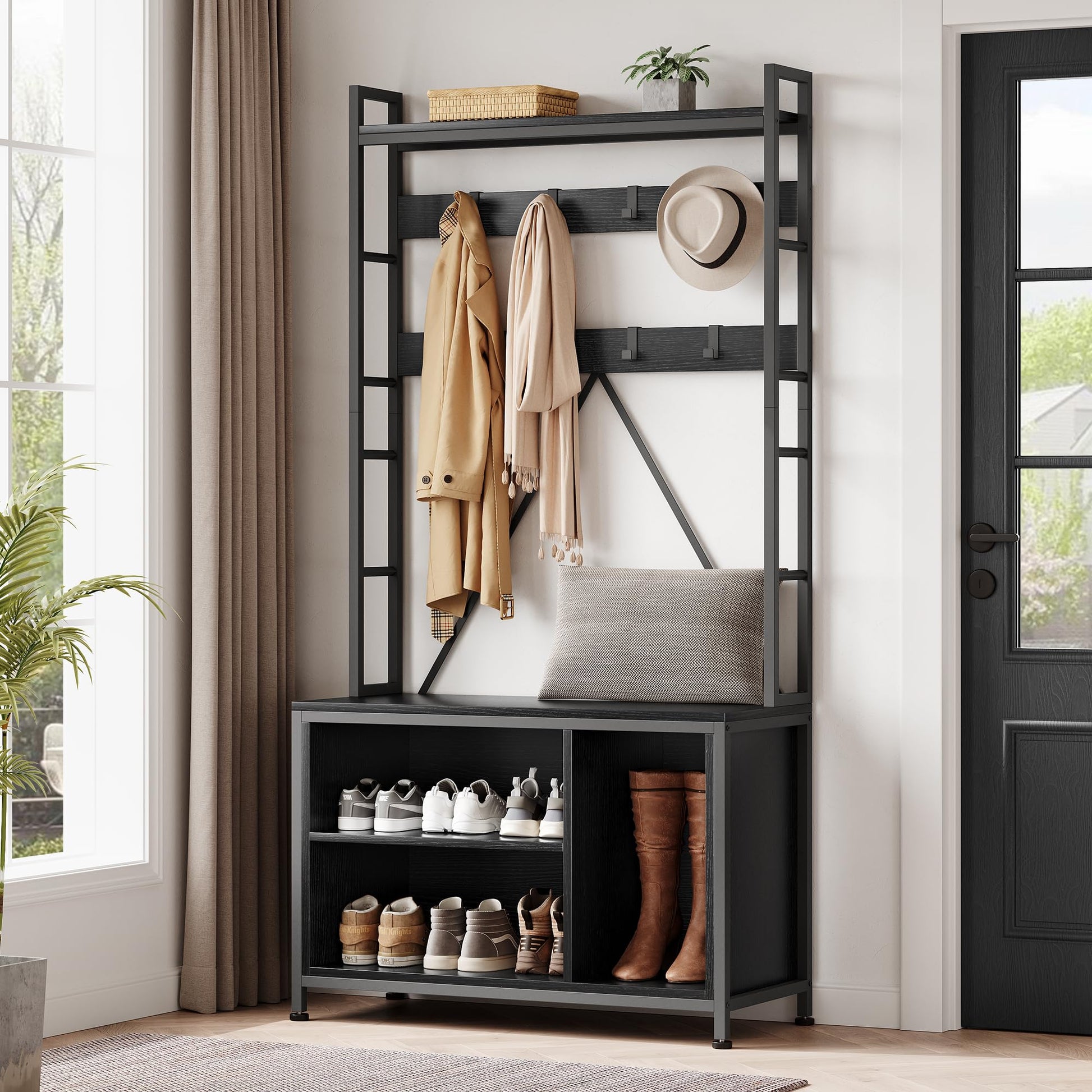 Appendiabiti Garvee con panca e guardaroba, organizer 5 in 1 per corridoio e ingresso, colori legno naturale