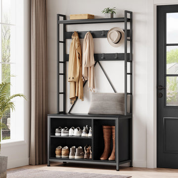 Appendiabiti Garvee con panca e guardaroba, organizer 5 in 1 per corridoio e ingresso, colori legno naturale