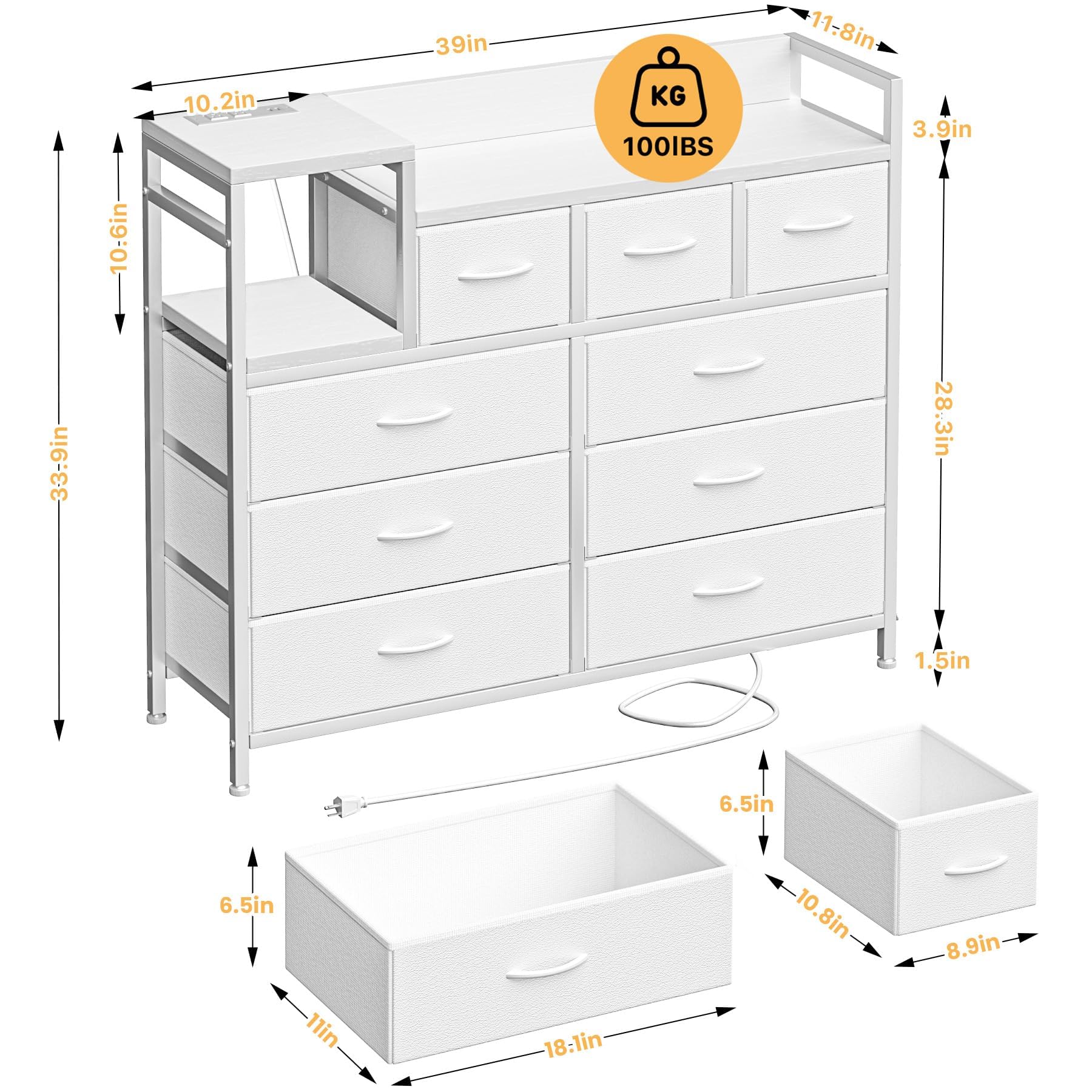 Cassettiera Garvee con 9 cassetti in tessuto, multifunzionale per camera da letto e soggiorno, 100x30x86 cm, bianco