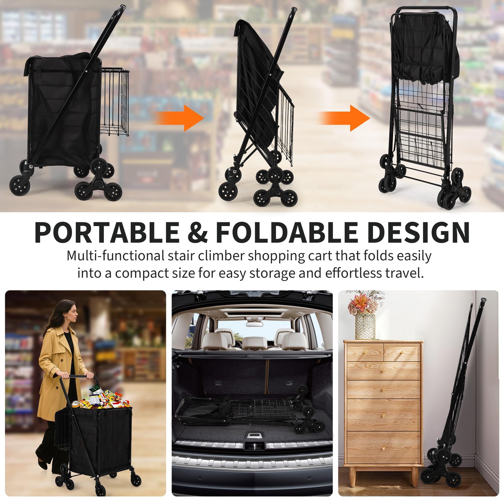 Carrello della spesa Garvee con saliscale e ruota a 360°, pieghevole, cestino impermeabile in Oxford 600D, robusto per la spesa e il campeggio, nero, grande