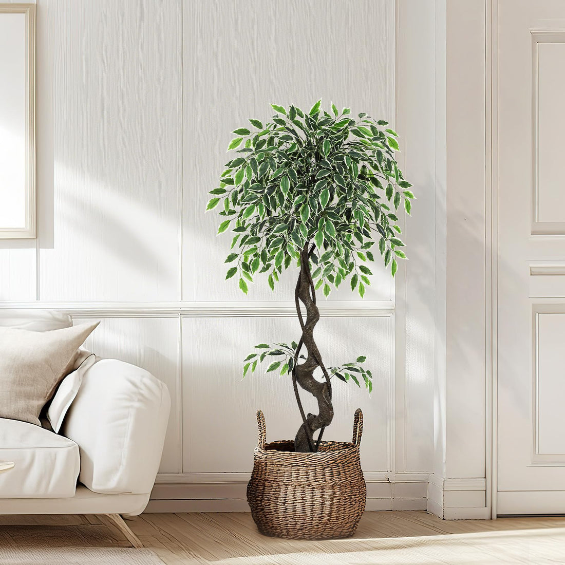 Albero di ficus artificiale Garvee da 4 piedi con oltre 700 foglie di seta, robusto vaso in ceramica per interni, esterni, soggiorno, ufficio, arredamento verde bianco
