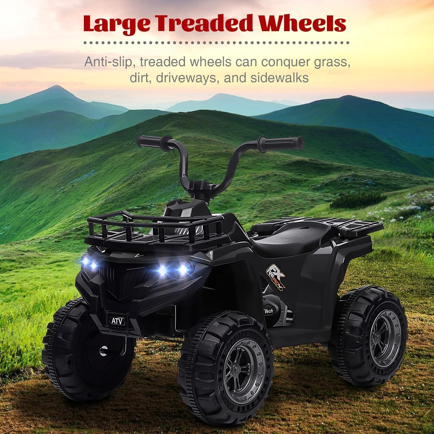 Quad elettrico per bambini Garvee Kids 12V con musica, clacson e fari a LED per bambini dai 2 ai 5 anni, nero, 4 ruote antiscivolo