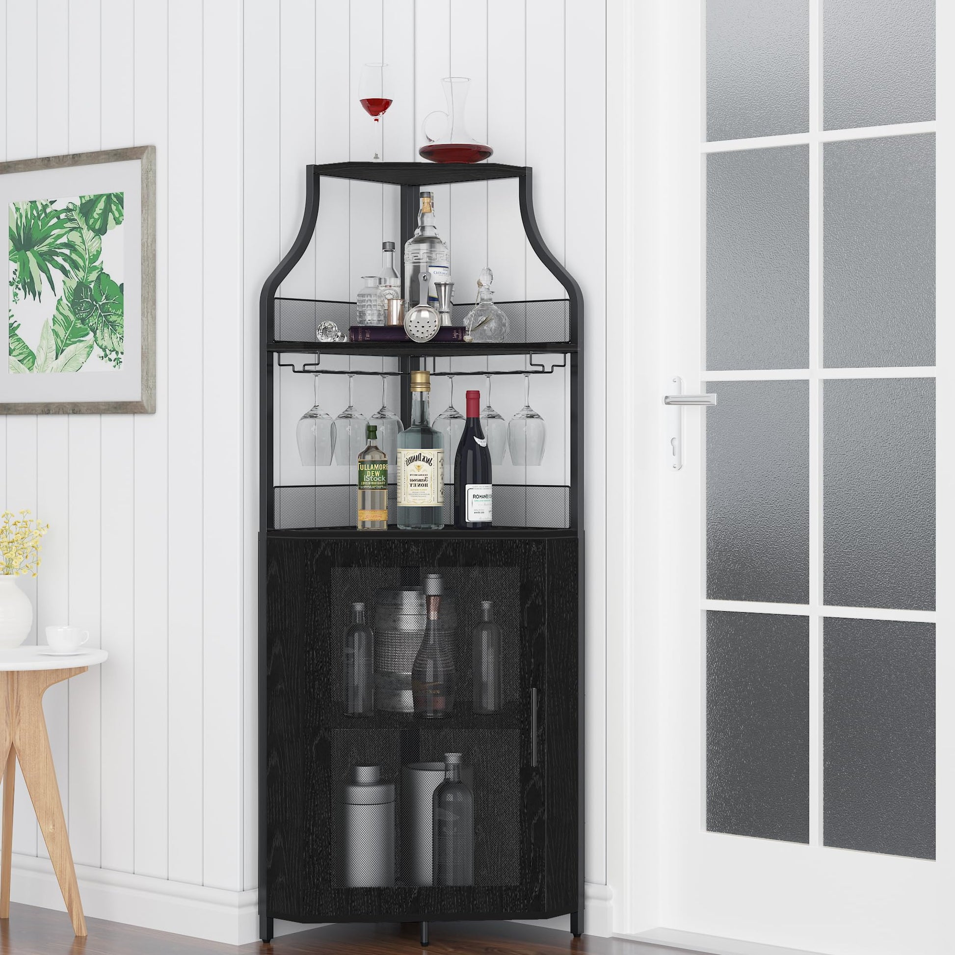 Mobiletto angolare portaoggetti Garvee, 5 ripiani con portabicchieri, ripiani regolabili, struttura in metallo, MDF, porta a battente, nero, per soggiorno e cucina, 47,2 x 45,7 x 152,4 cm
