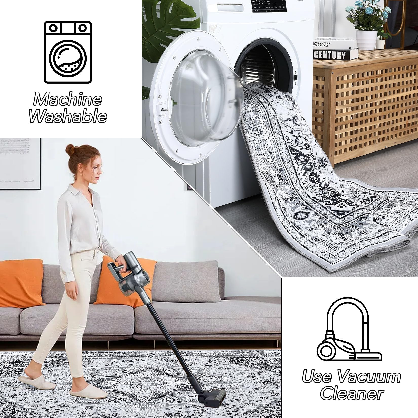 Garvee Teppich Vintage Boho Waschbar Rutschfest Weicher Flachflor Kaschmir-Polyester Grau 120x170cm Wohnzimmer Schlafzimmer