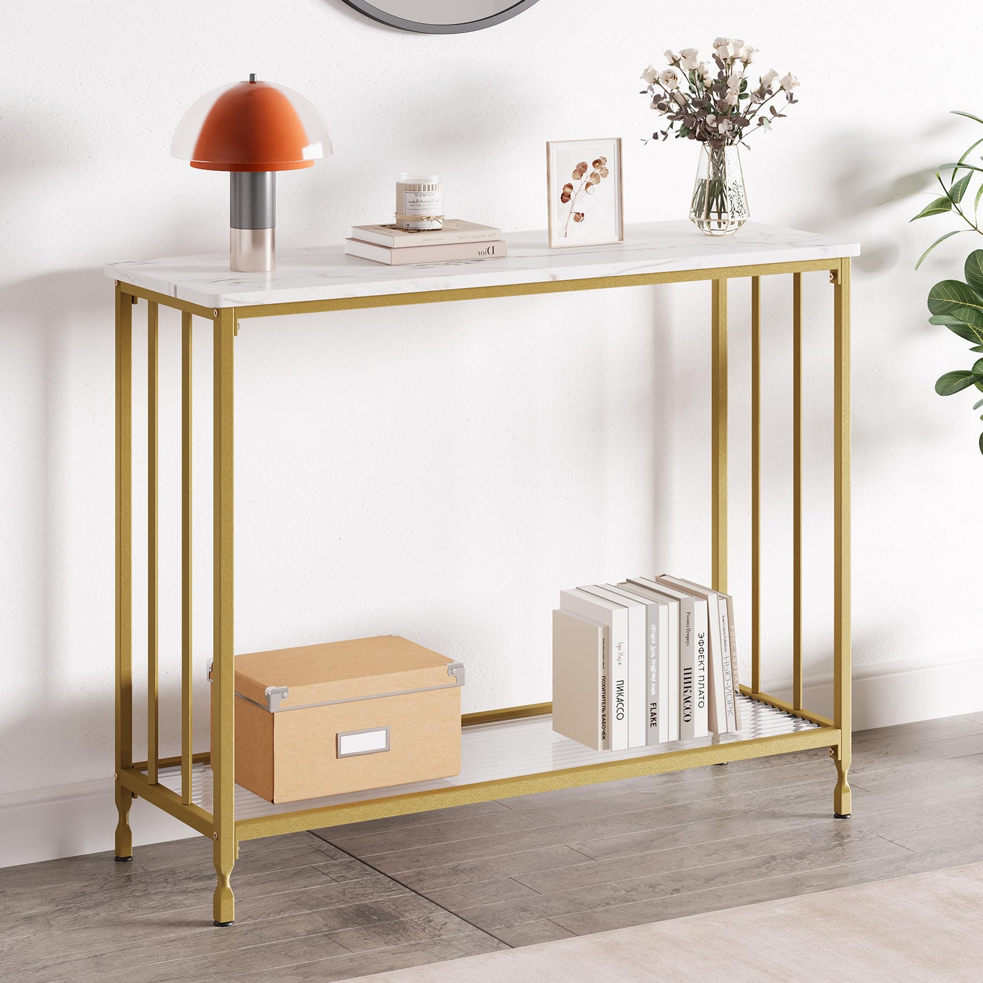 Tavolo stretto Garvee da 33.5" con ripiano in vetro, struttura in metallo, effetto legno vintage per soggiorno e corridoio, piedini regolabili, design robusto