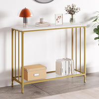 Tavolo stretto Garvee da 33.5" con ripiano in vetro, struttura in metallo, effetto legno vintage per soggiorno e corridoio, piedini regolabili, design robusto