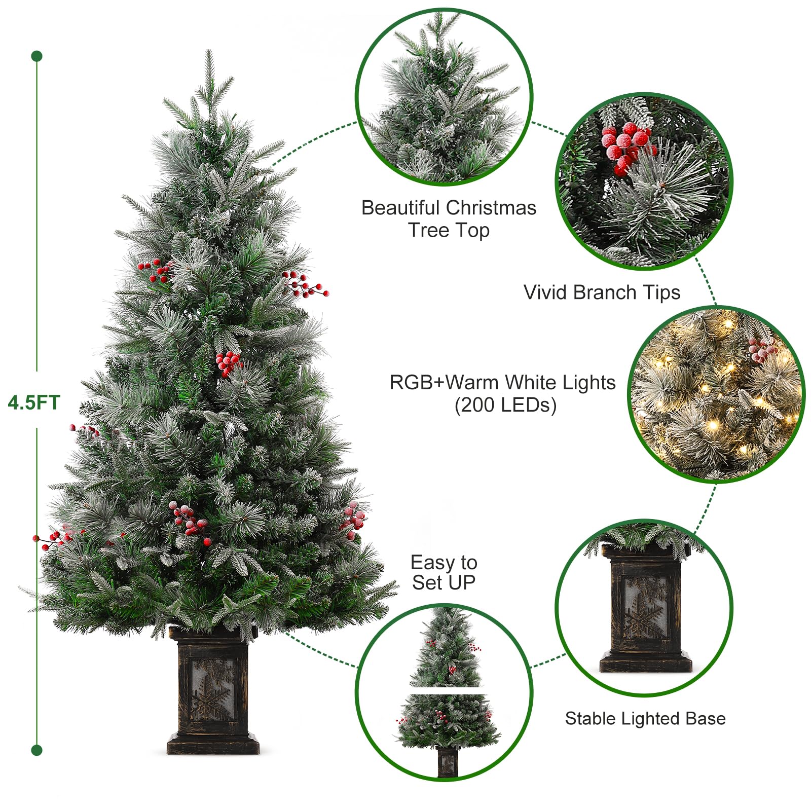 Albero di Natale vintage Garvee da 145 cm con struttura in metallo, 200 LED, 8 modalità, effetto cedro satinato, 4 bacche rosse e scatola luminosa con fiocchi di neve