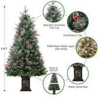 Albero di Natale vintage Garvee da 145 cm con struttura in metallo, 200 LED, 8 modalità, effetto cedro satinato, 4 bacche rosse e scatola luminosa con fiocchi di neve