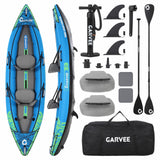 Kayak Gonfiabile Garvee per 2 Persone Capacità 204 kg, 3,8 m, Sedili EVA Regolabili, PVC Resistente, Blu, per Laghi e Fiumi