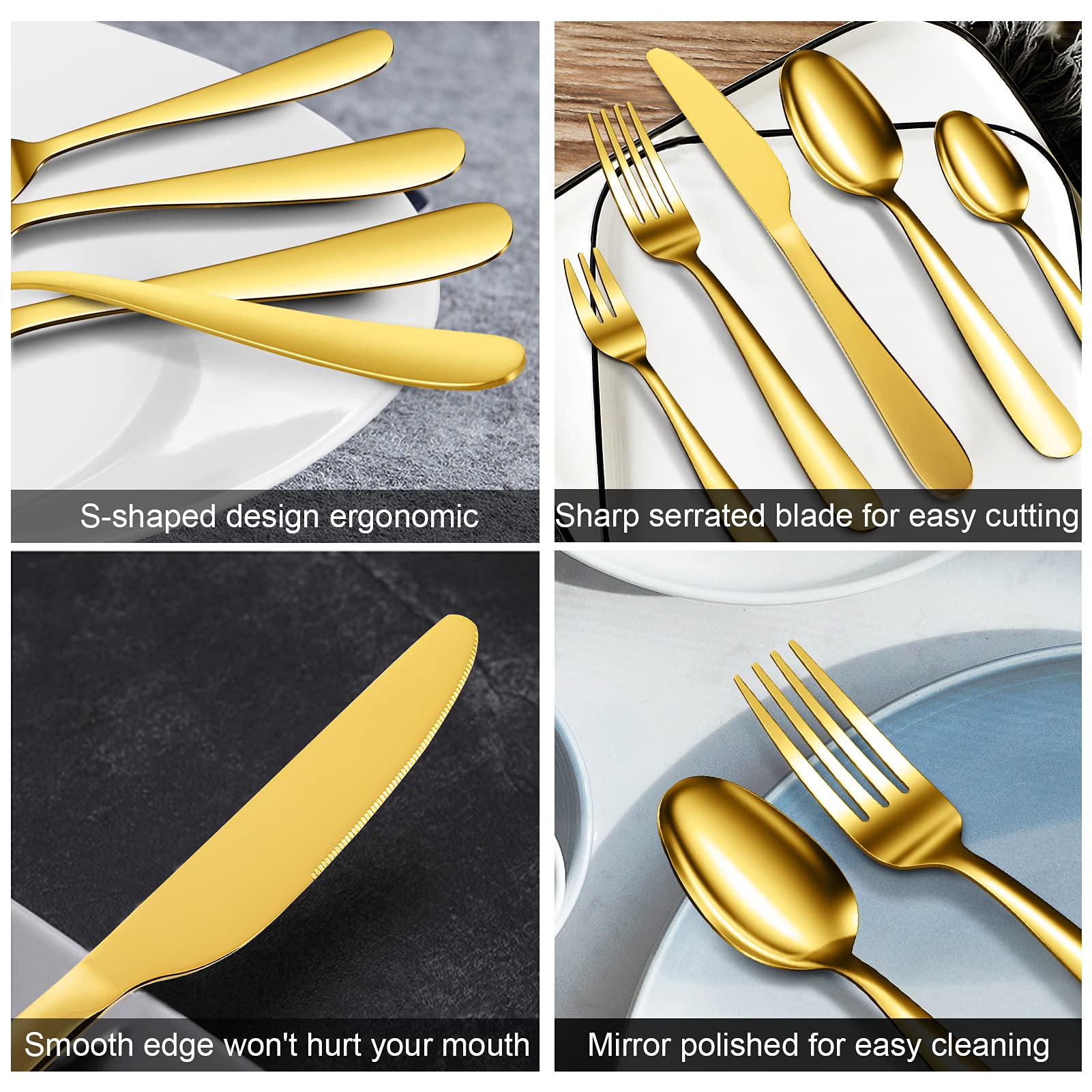 Set di posate Garvee in acciaio inossidabile da 60 pezzi per 12 persone, color oro, lucidato a specchio, robusto