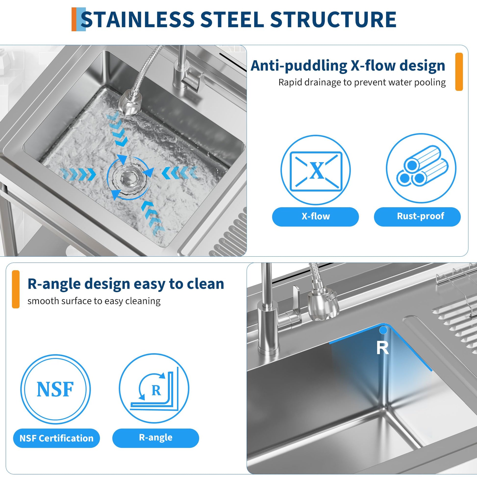 Lavello di servizio in acciaio inossidabile Garvee con 1 vasca, rubinetto caldo/freddo, asse da lavaggio integrata per lavanderia e garage, indipendente, acciaio inossidabile argento