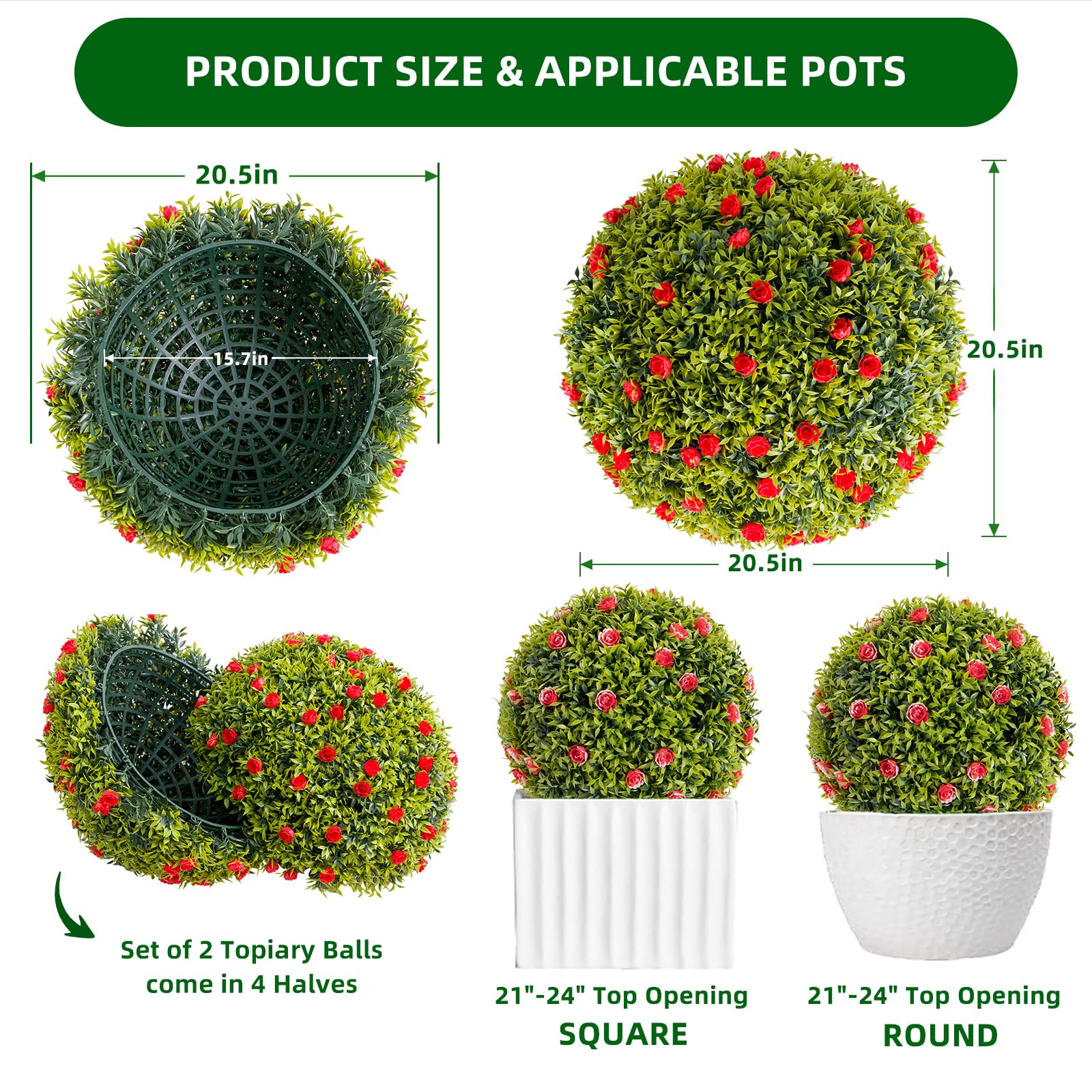 Garvee 20,5" Set di 2 palline di bosso artificiali con fiori rossi per balcone e giardino Materiale PE Verde