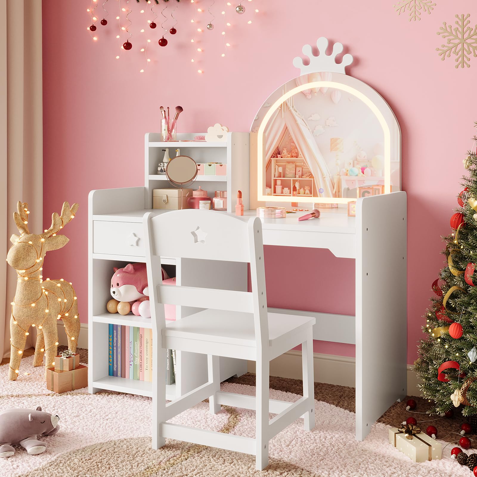 Tavolo da toeletta per bambini Garvee con specchio illuminato, set da toeletta 2 in 1 da principessa, in legno, con contenitore e mensola, cassaforte, per la cameretta delle bambine, bianco