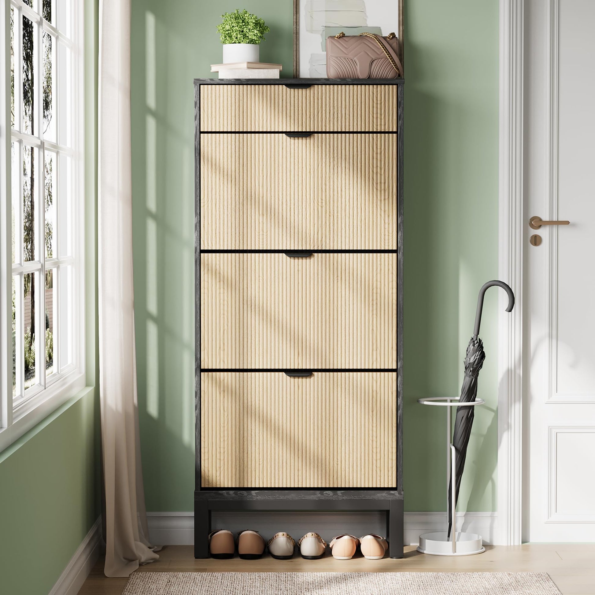 Scarpiera Garvee con 3 ante a battente e 1 cassetto per corridoio e ingresso, grande, in legno e ferro, design sottile