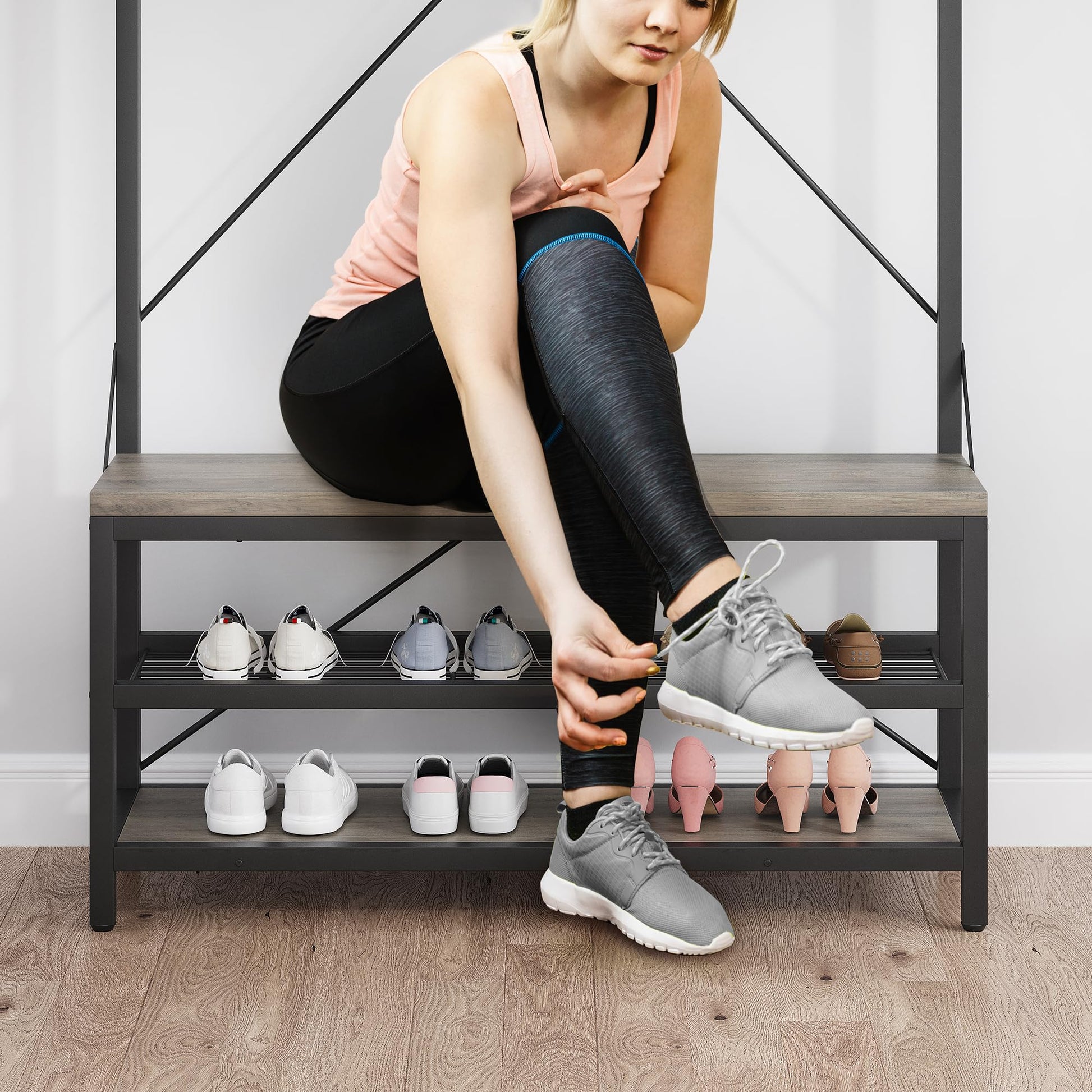 Appendiabiti grande Garvee con scarpiera e panca, con 3 ripiani, ganci, struttura in metallo rimovibile, per ingresso, 39,9"x15,7"x72" in stile industriale