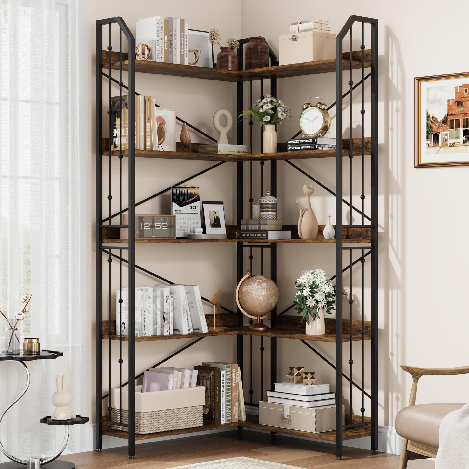 Scaffale angolare Garvee da 72" Libreria industriale a forma di L a 5 ripiani in MDF, metallo, soggiorno, camera da letto, nero