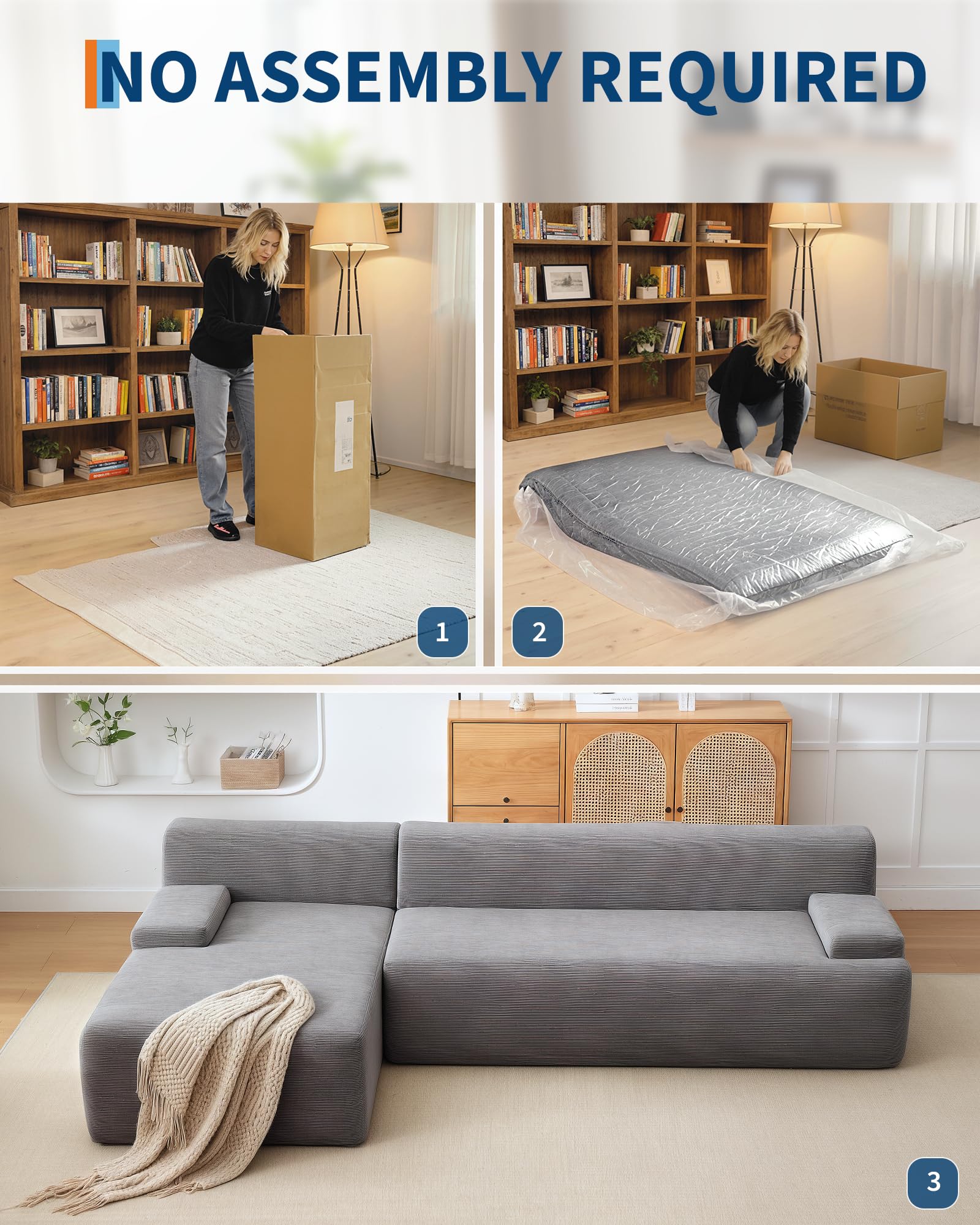 Divano componibile Garvee Cloud da 108" con chaise longue, divano ultra morbido senza osso, tessuto in velluto a coste, a forma di L, super soffice, soggiorno