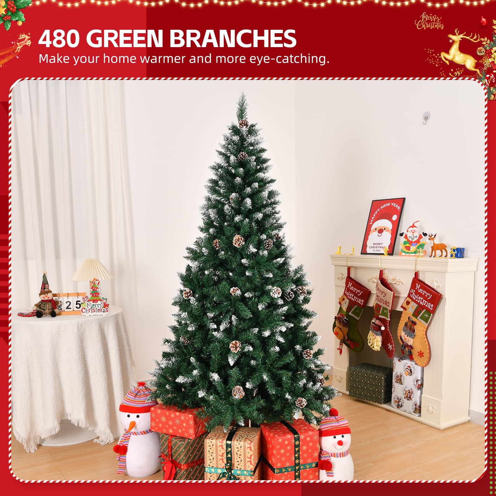 Albero di Natale artificiale Garvee da 180 cm con pigne ed effetto neve ghiacciata, rami fitti e realistici, supporto in metallo, bianco