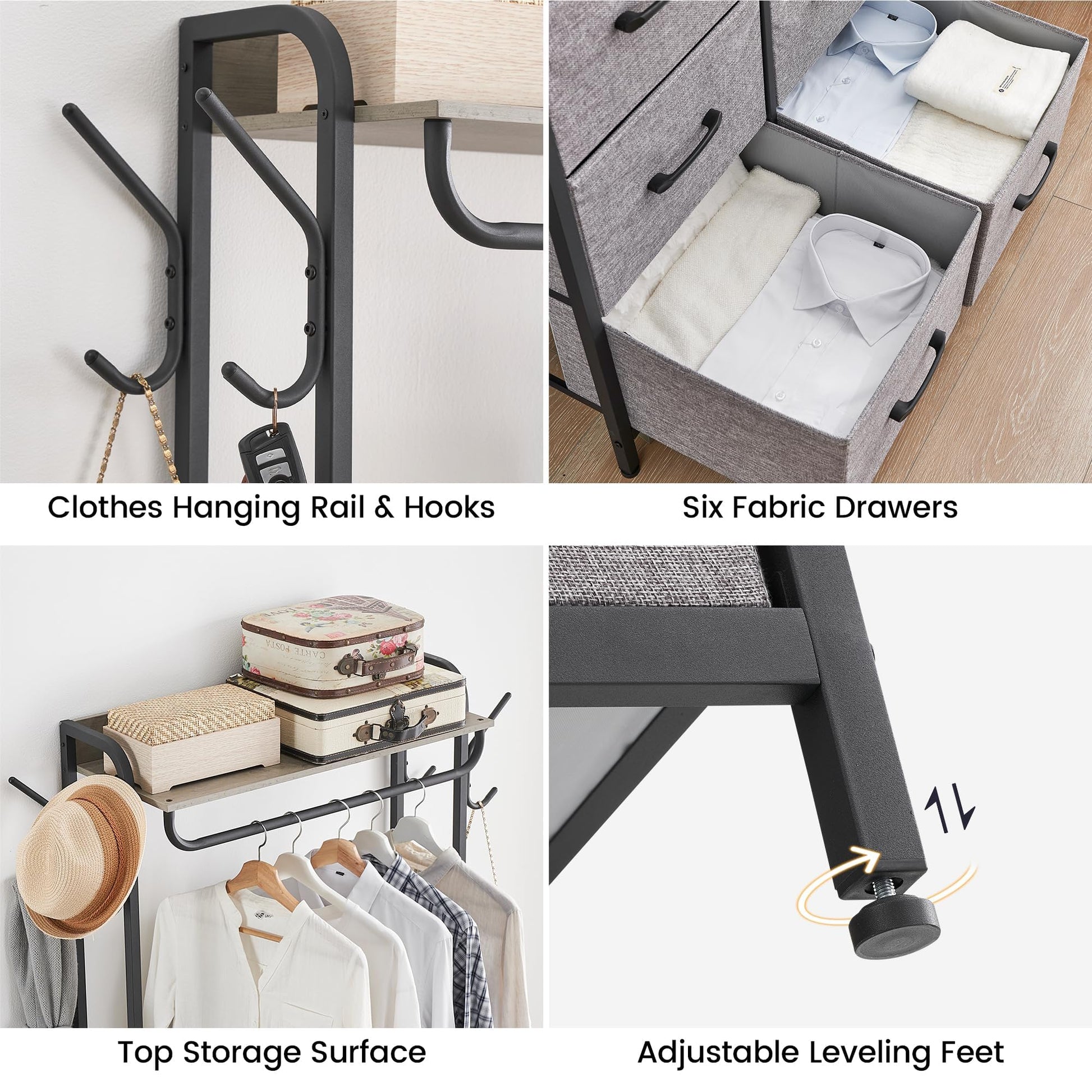 Appendiabiti Garvee con 4 cassetti in tessuto, struttura in metallo, piano in legno per camera da letto e corridoio, salvaspazio, sicuro, compatto