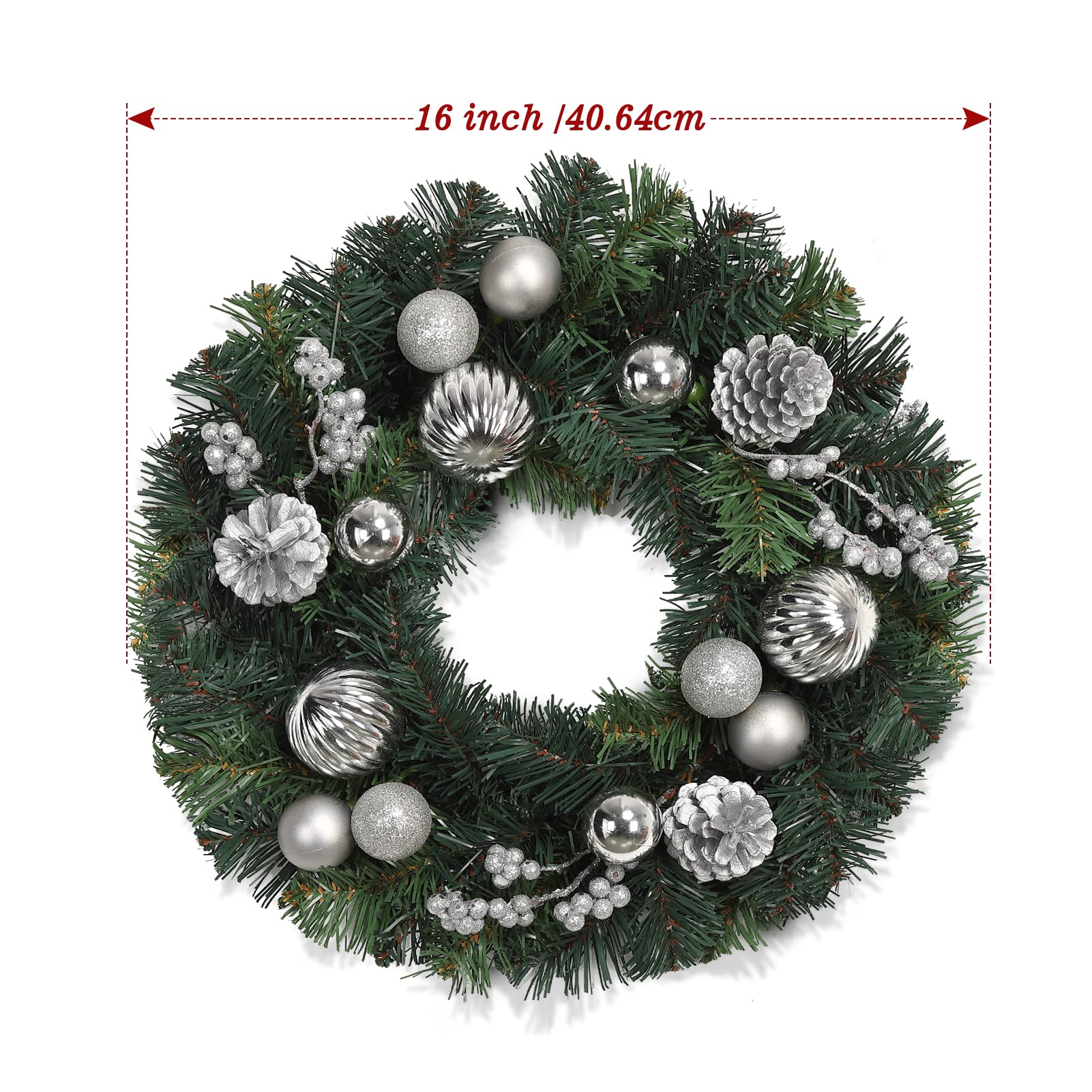 GARVEE Ghirlanda di Natale 40 cm Ghirlanda artificiale per porta Argentata con palline di Natale Pigne Bacche per porta d'ingresso Camino Decorazione da parete Verde