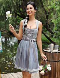 Garvee Dirndl da donna, abito tradizionale midi in 2 pezzi con grembiule Dirndl per l'Oktoberfest, taglia 44, grigio-blu, elegante, festoso, comodo, moderno