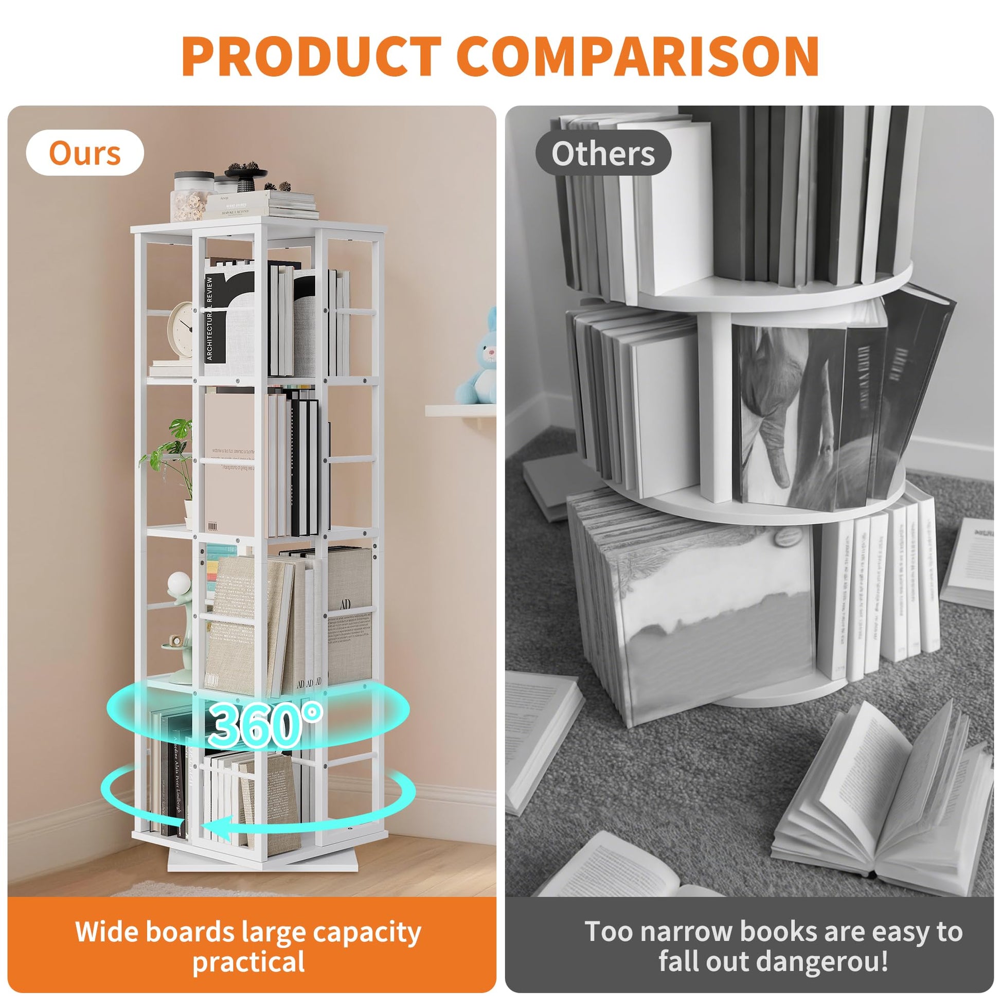 Libreria girevole Garvee, scaffale angolare a 4 ripiani, rotazione a 360°, struttura in metallo, legno, per soggiorno, ufficio, camera da letto, 54 pollici, marrone