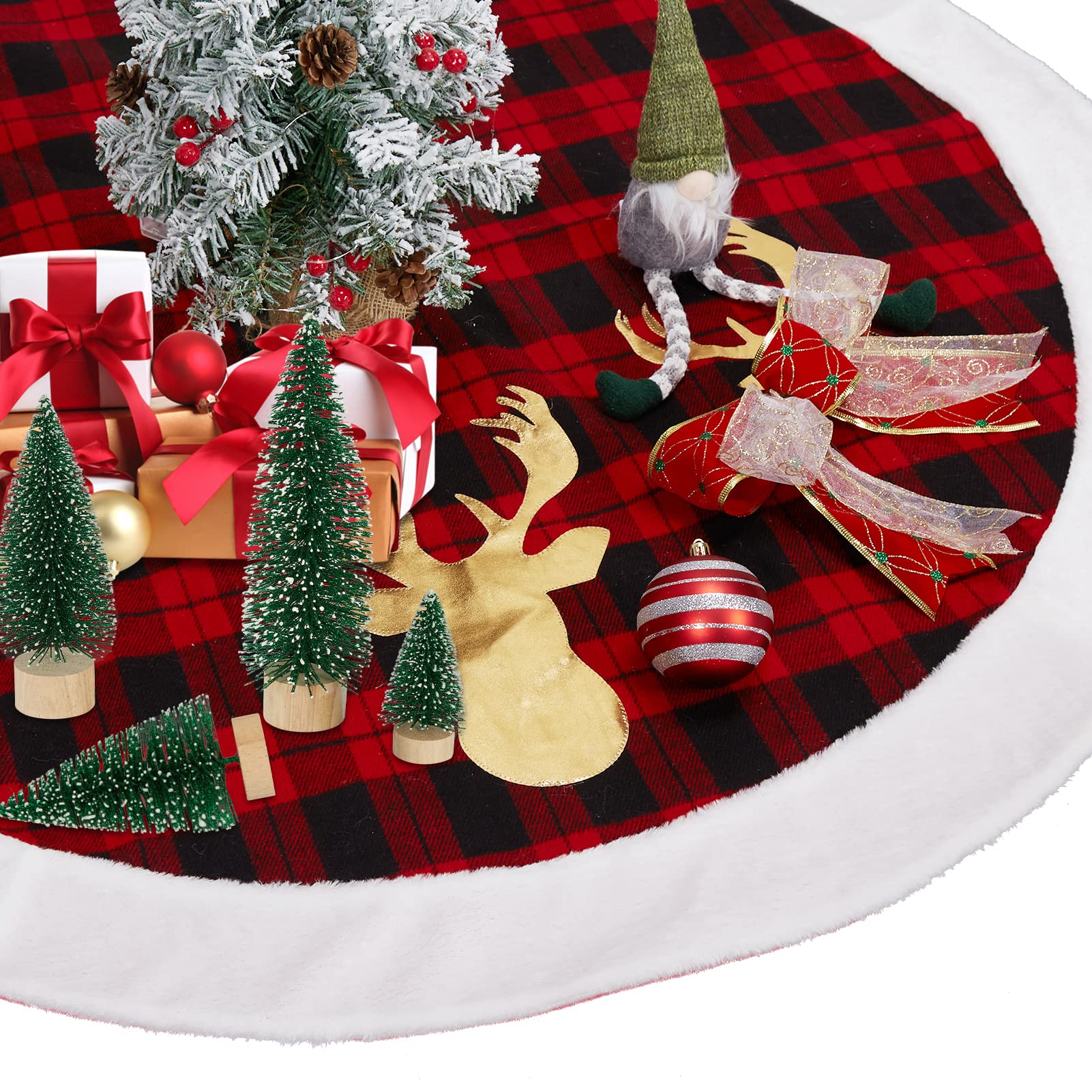 Gonna per albero di Natale Garvee da 48 pollici, motivo a quadri rossi e neri con motivo a cervo, pelliccia sintetica, per casa e feste