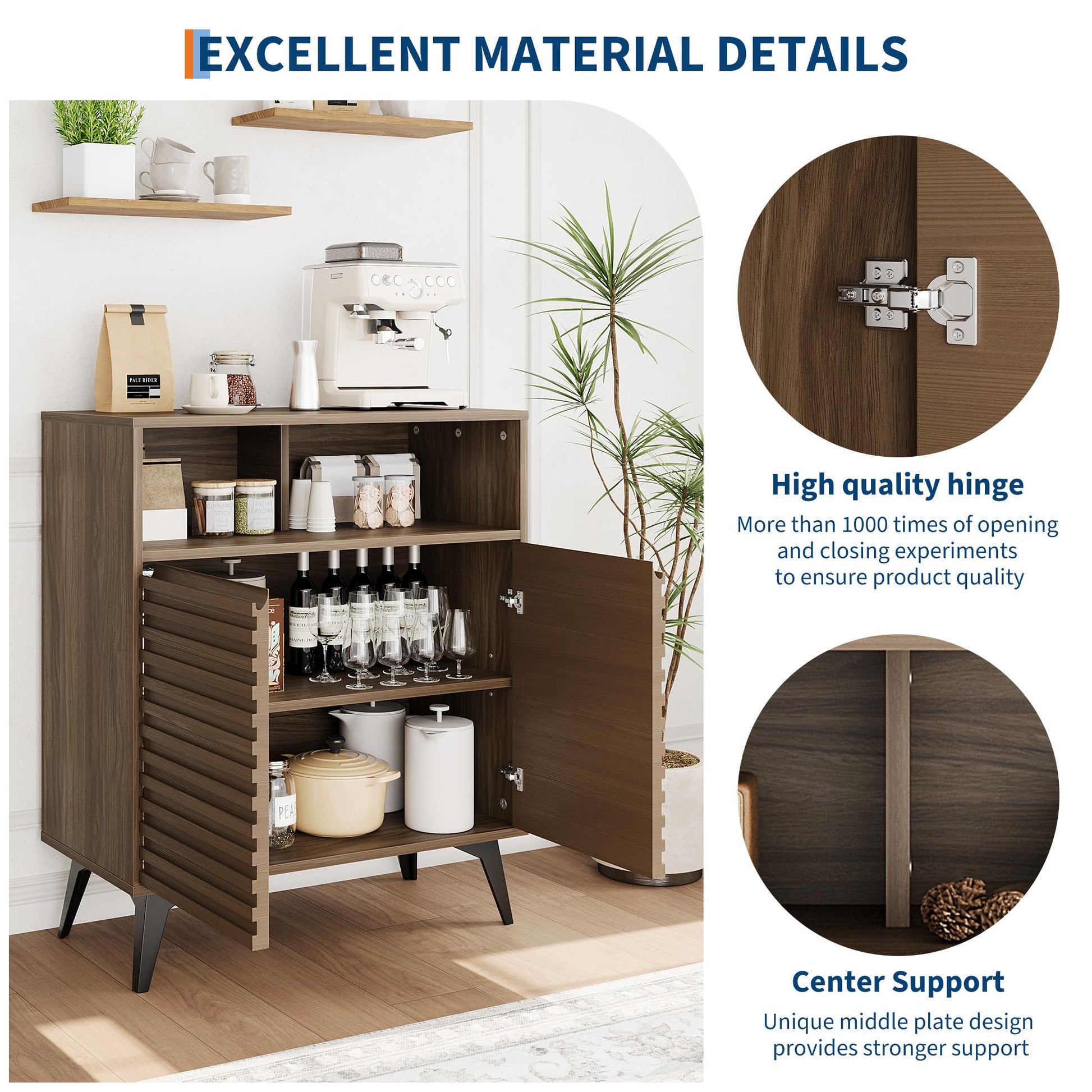 Credenza con ante scanalate Garvee, con ripiani regolabili, per soggiorno, cucina, corridoio, struttura in legno, gambe 3D, gambe in metallo