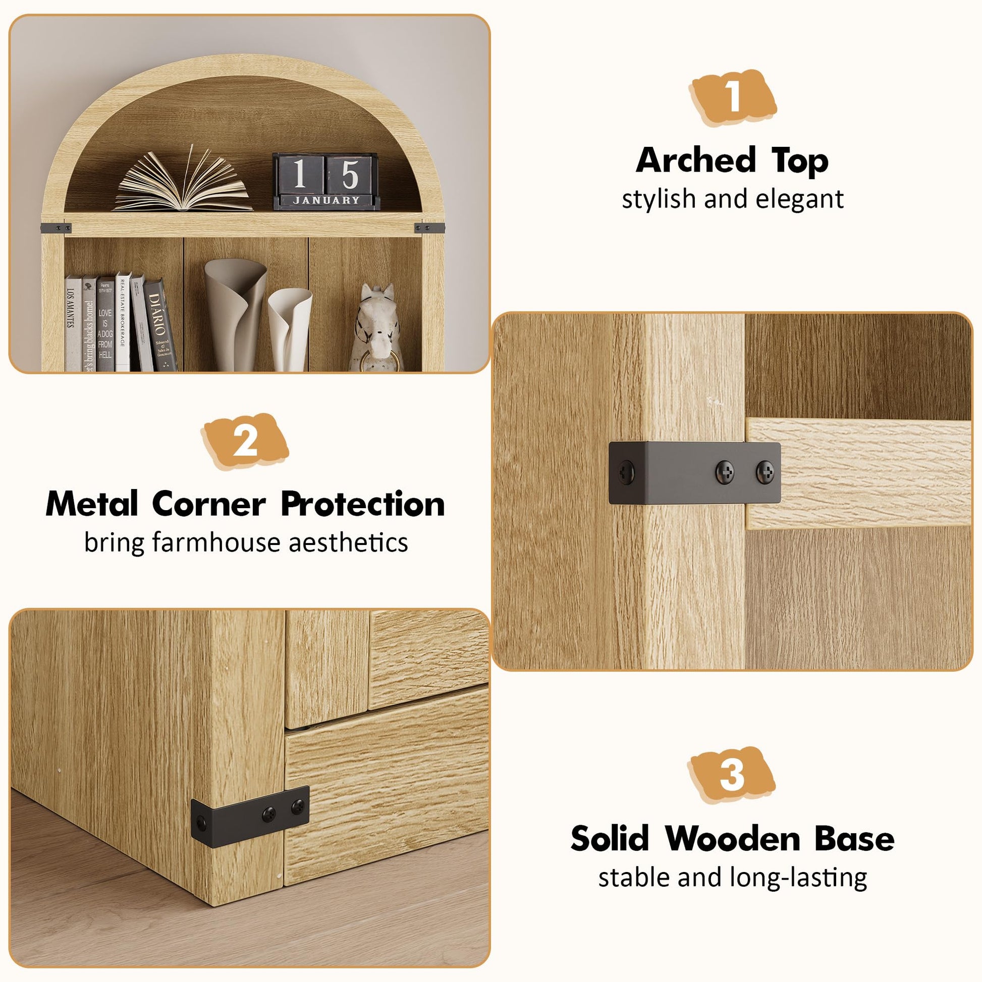 Libreria Garvee con ante, 71,65 pollici, stile fattoria, legno MDF, protezioni angolari in metallo, soggiorno e ufficio, colori legno naturale